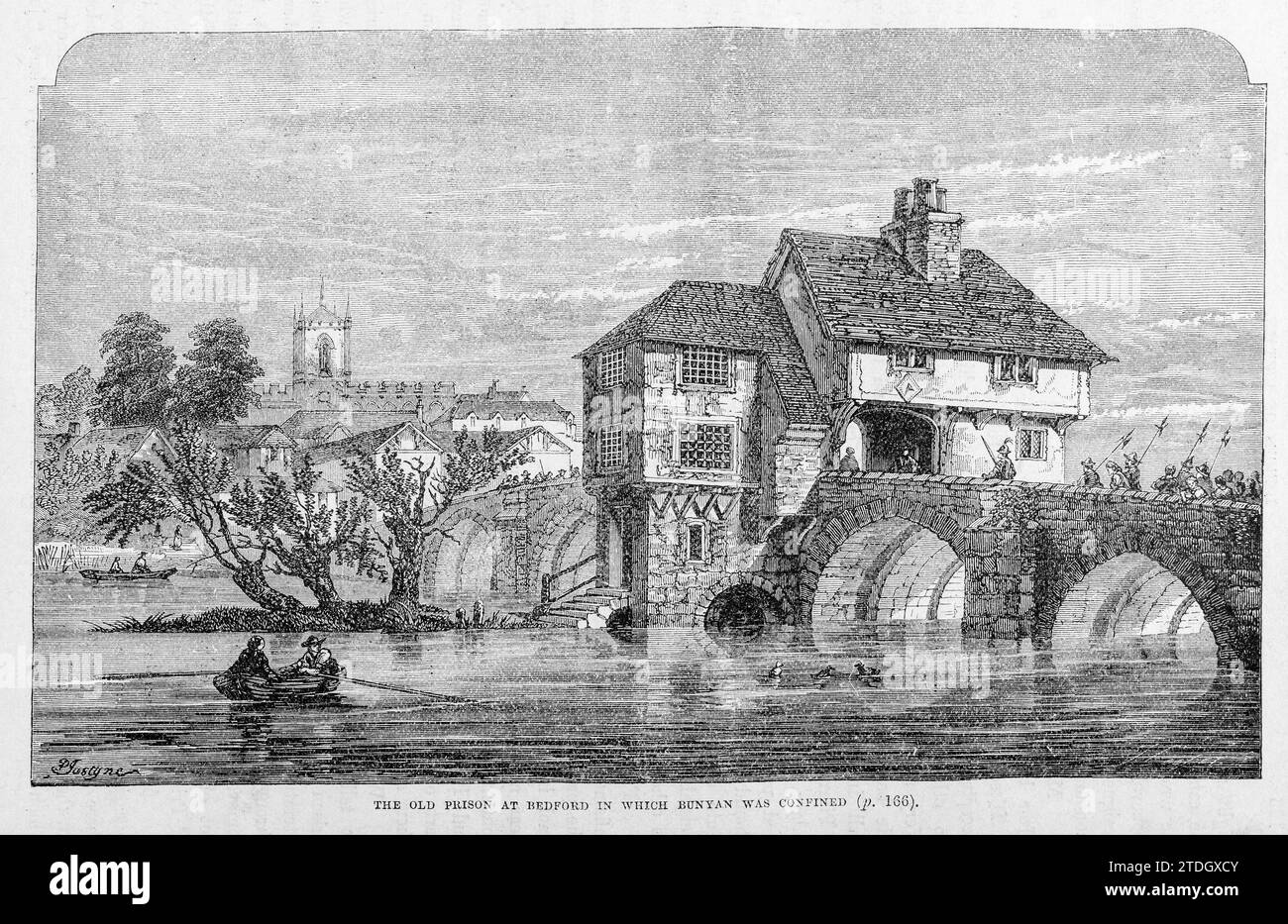 La vecchia prigione di Bedford Bridge, Bedfordshire, Regno Unito. Il predicatore John Bunyan, autore del progresso del Pellegrino, fu imprigionato qui dal 1660-1672 per le sue credenze religiose Foto Stock