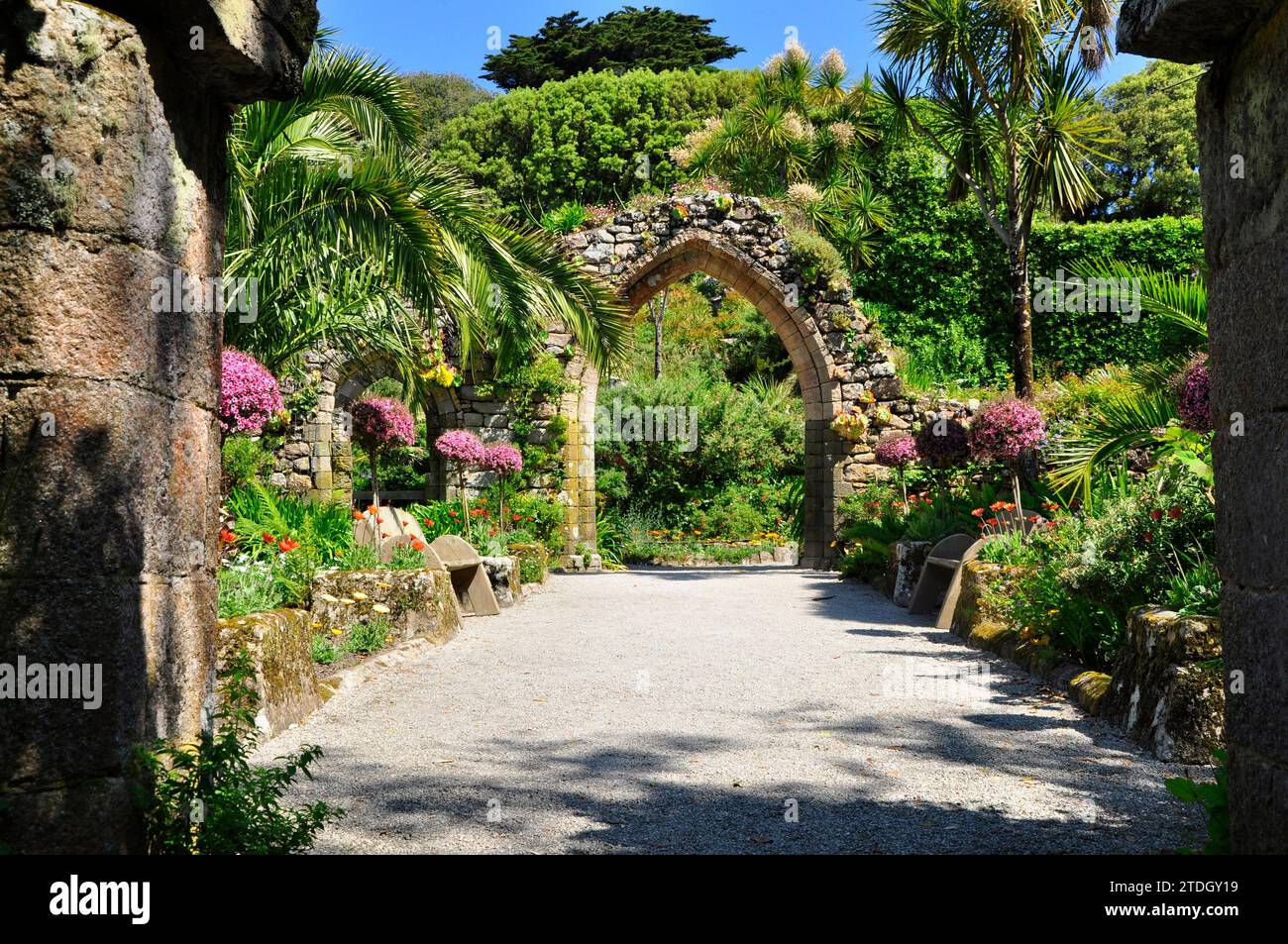 I resti della chiesa priorale, dominata da un arco ben conservato, formano una parte speciale dei giardini subtropicali dell'Abbazia di Tresco. L'isola di Tres Foto Stock