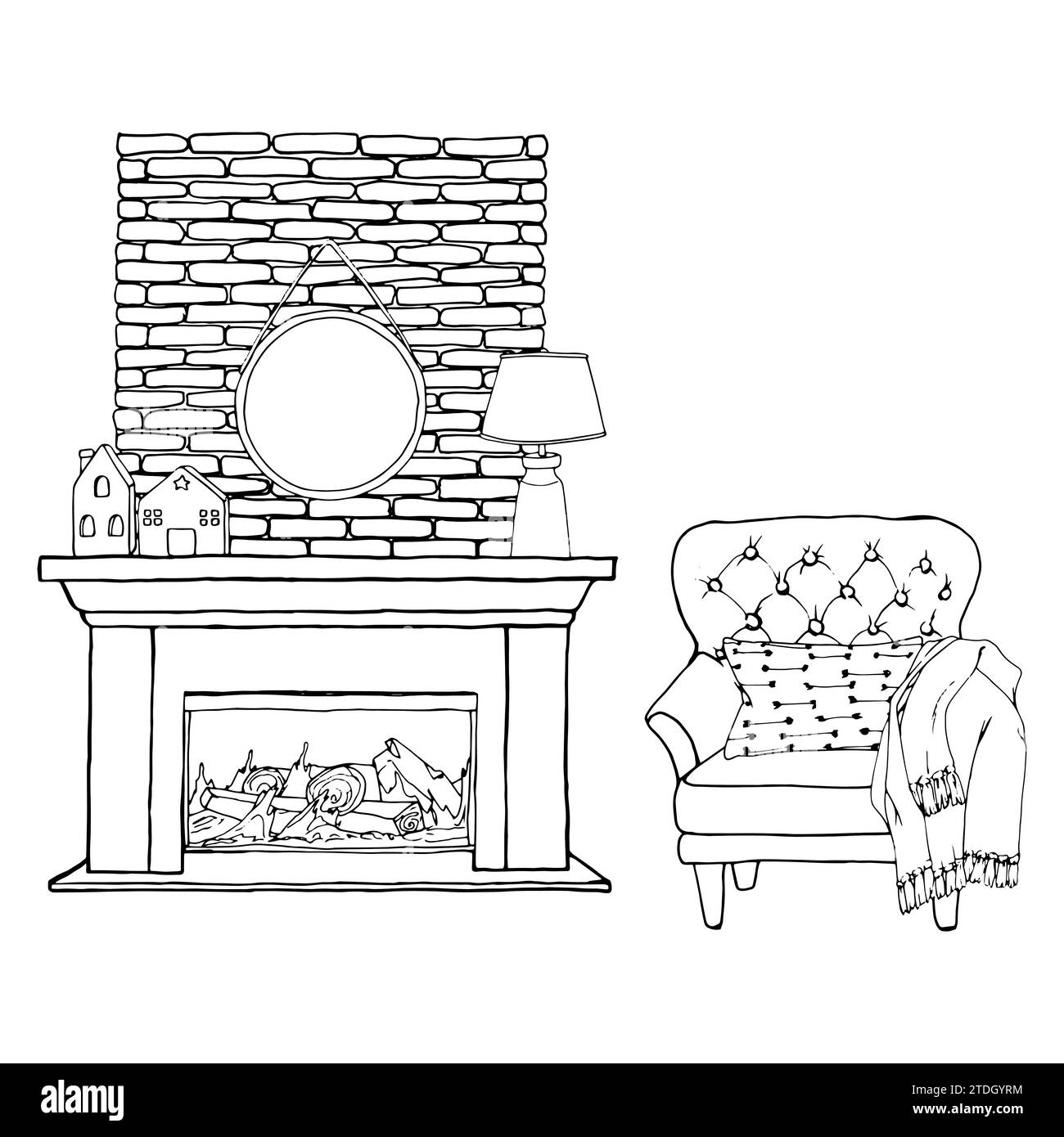 Interni con illustrazione vettoriale del soggiorno con poltrona, caminetto, specchio, lampada elettrica, legna da ardere. Torcia in ceramica, alloggiamento con candelabro semplice Illustrazione Vettoriale