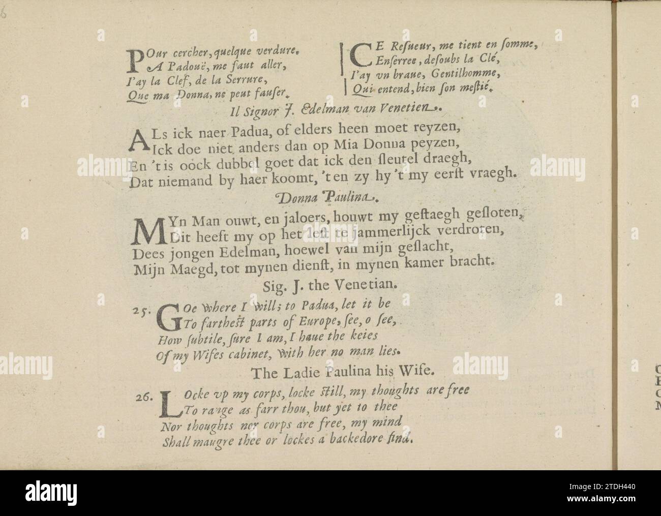 Kwatrijnen nelle rappresentazioni di un nobile veneziano e di sua moglie Paulina, 1641 tre volte due quartine in francese, olandese e inglese nelle rappresentazioni di un nobile veneziano e di sua moglie Paulina. La rivista fa parte di un album. Stampa tipografica di carta di Amsterdam tre volte due quartine in francese, olandese e inglese nelle esibizioni di un nobile di Venezia e di sua moglie Paulina. La rivista fa parte di un album. Stampa di carta da lettera Amsterdam Foto Stock