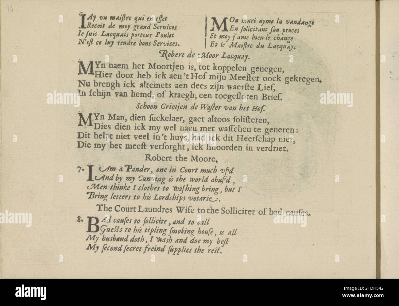 Kwatrijnen per le esibizioni di una lacca e di una donna di lavanderia, 1641 tre volte due quartine in francese, olandese e inglese per le esibizioni di una lacca e di una donna di cera. La rivista fa parte di un album. Stampa tipografica di carta Amsterdam tre volte due quartine in francese, olandese e inglese per le esibizioni di una lacca e di una donna di cera. La rivista fa parte di un album. Stampa di carta da lettera Amsterdam Foto Stock