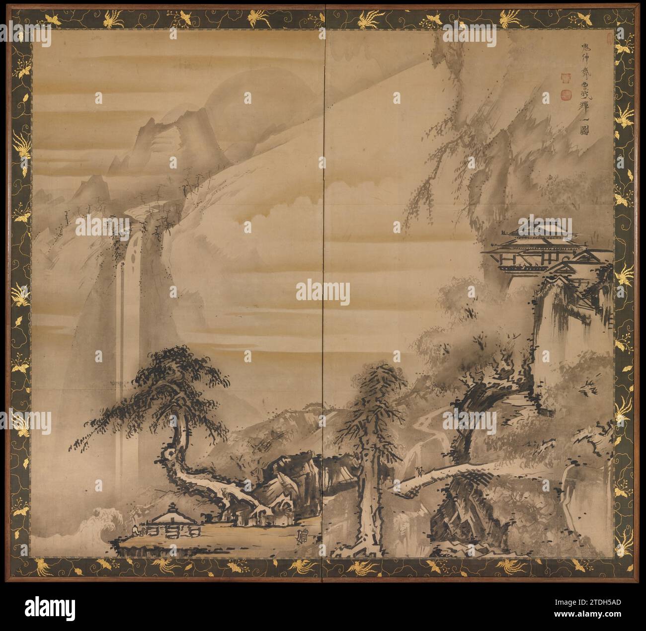 Studioso cinese che contempla una cascata 1996 di Soga Shohaku Foto Stock