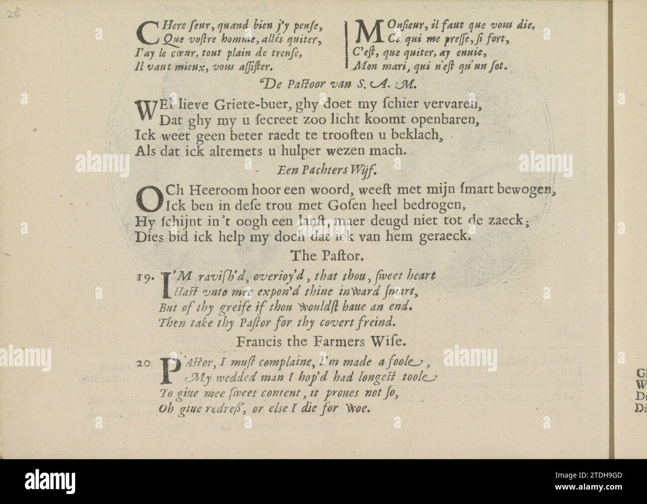 Kwatrijnen per le esibizioni di un pastore e di un contadino, 1641 tre volte due quartine in francese, olandese e inglese per le esibizioni di un pastore e di una contadina. La rivista fa parte di un album. Stampa tipografica di carta Amsterdam tre volte due quartine in francese, olandese e inglese per le esibizioni di un pastore e di una contadina. La rivista fa parte di un album. Stampa di carta da lettera Amsterdam Foto Stock