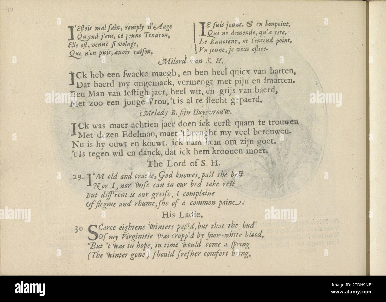 Kwatrijnen con rappresentazioni del signor van S.H. e di sua moglie, 1641 tre volte due quartine in francese, olandese e inglese per rappresentazioni del signor van S.H. e di sua moglie. La rivista fa parte di un album. Stampa tipografica su carta di Amsterdam tre volte due quartine in francese, olandese e inglese per le rappresentazioni del signor van S.H. e di sua moglie. La rivista fa parte di un album. Stampa di carta da lettera Amsterdam Foto Stock