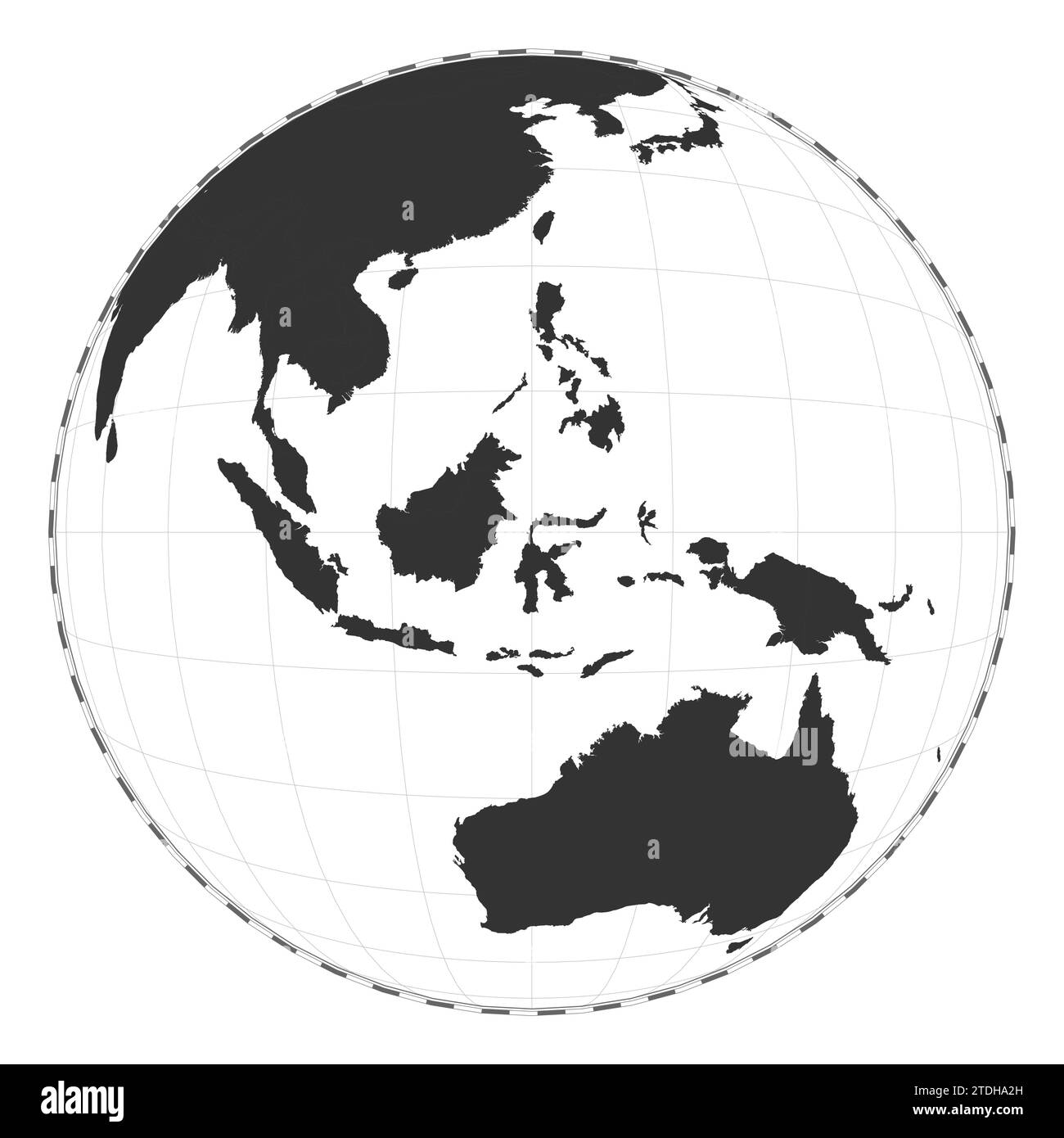 Mappa vettoriale del mondo. Proiezione satellitare (prospettiva inclinata). Mappa geografica del mondo pianeggiante con linee di latitudine e longitudine. Illustrazione Vettoriale