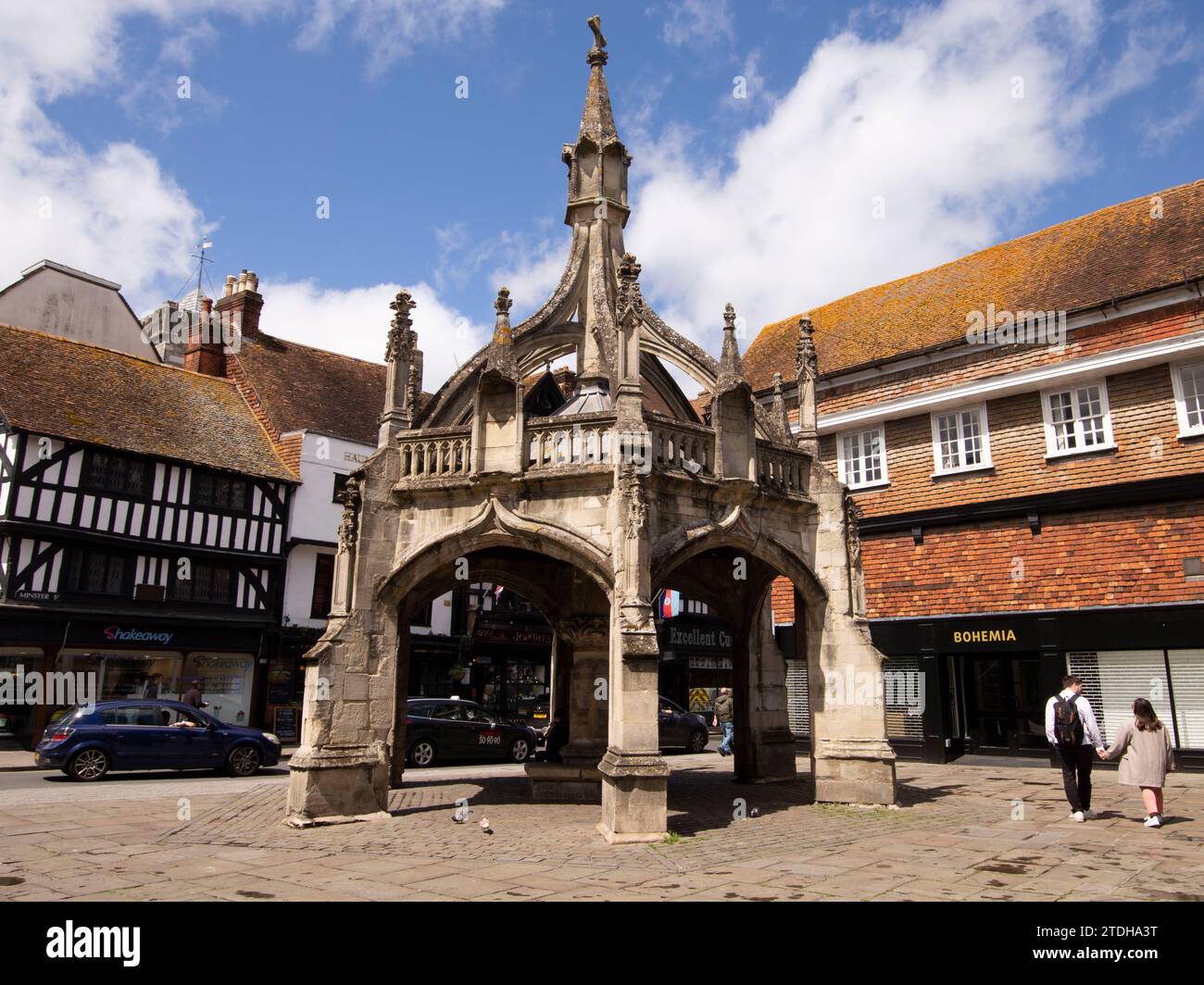 Il mercato del pollame attraversa Salisbury Wiltshire, costruito nel XIV secolo all'incrocio tra Silver Street e Minster Street Foto Stock