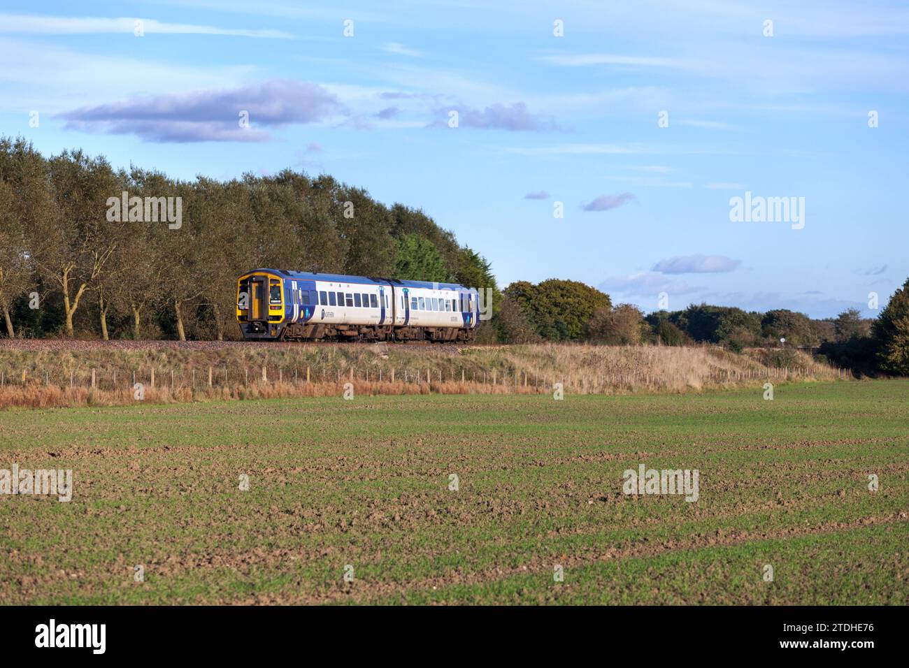 Treno Northern Rail classe 158 che passa attraverso lo Yorkshire, nella campagna del Regno Unito, sulla linea a circuito singolo di Harrogate Foto Stock