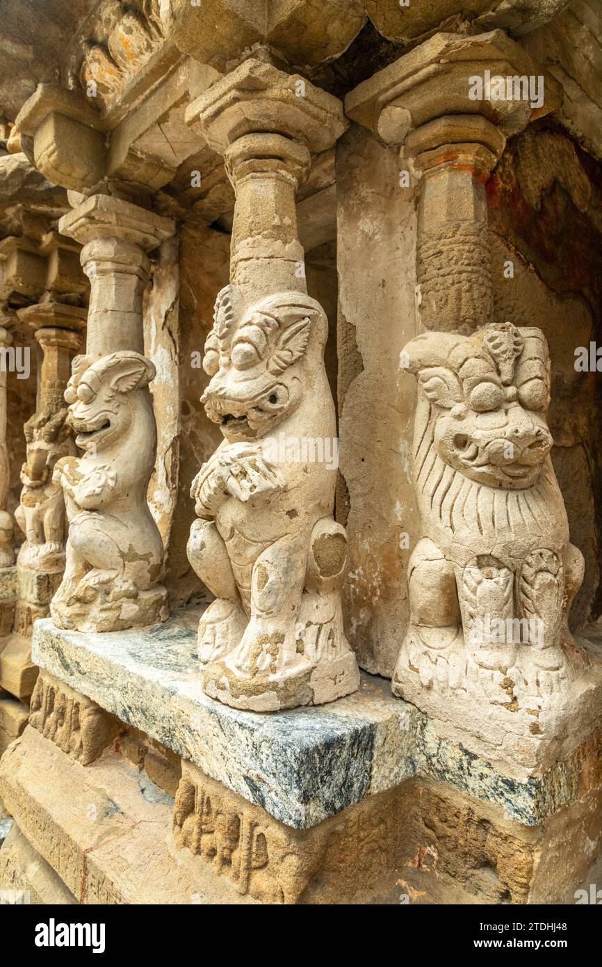 Tempio di Kailasanathar, antiche statue di idolo, Kanchipuram, regione di Tondaimandalam, Tamil Nadu, India meridionale Foto Stock