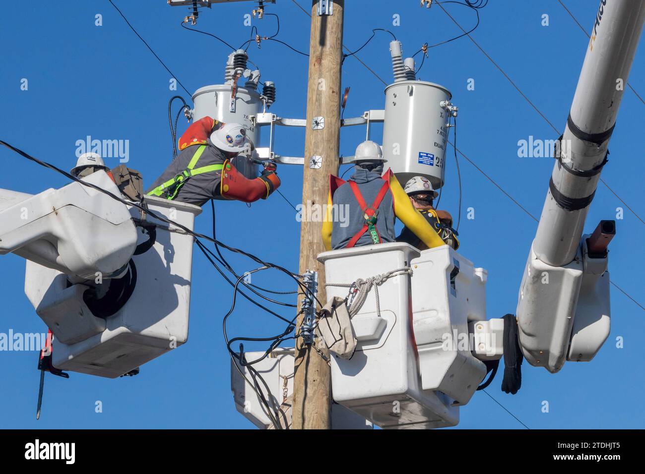 Detroit, Michigan - gli addetti alla linea elettrica, che lavorano per DTE Energy, sostituiscono le apparecchiature di trasmissione su un palo elettrico. Foto Stock