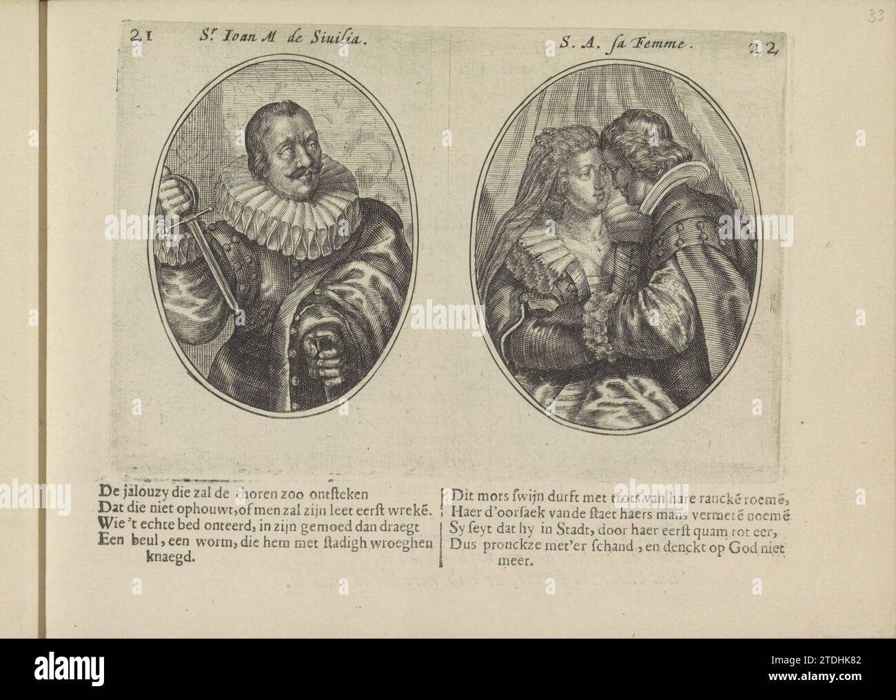 Koopman da Siviglia e sua moglie, 1641 due esibizioni su una rivista di album. Sulla sinistra un ritratto immaginario di un mercante di Siviglia. Tira fuori un pugnale dalla sua fodera. A destra sua moglie con un altro uomo. Tra questi due quartine in olandese. La stampa fa parte di un album. Incisione su carta di Amsterdam / stampa di lettere due esibizioni su una rivista di album. Sulla sinistra un ritratto immaginario di un mercante di Siviglia. Tira fuori un pugnale dalla sua fodera. A destra sua moglie con un altro uomo. Tra questi due quartine in olandese. La stampa fa parte di un album. Incisione su carta di Amsterdam Foto Stock