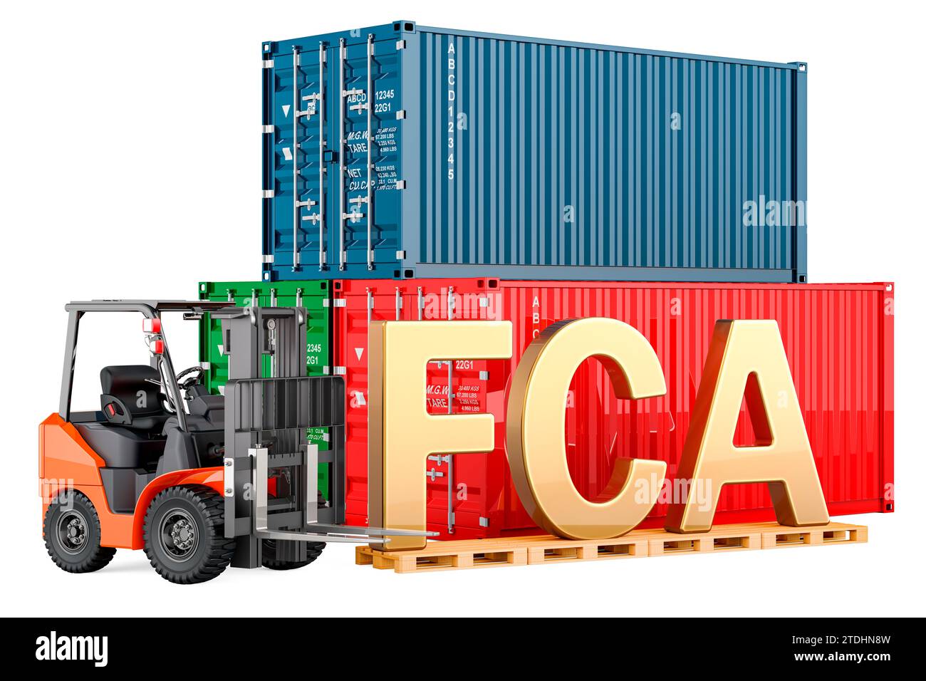 Concetto FCA. Carrello elevatore a forche con container di carico, rendering 3D isolato su sfondo bianco Foto Stock