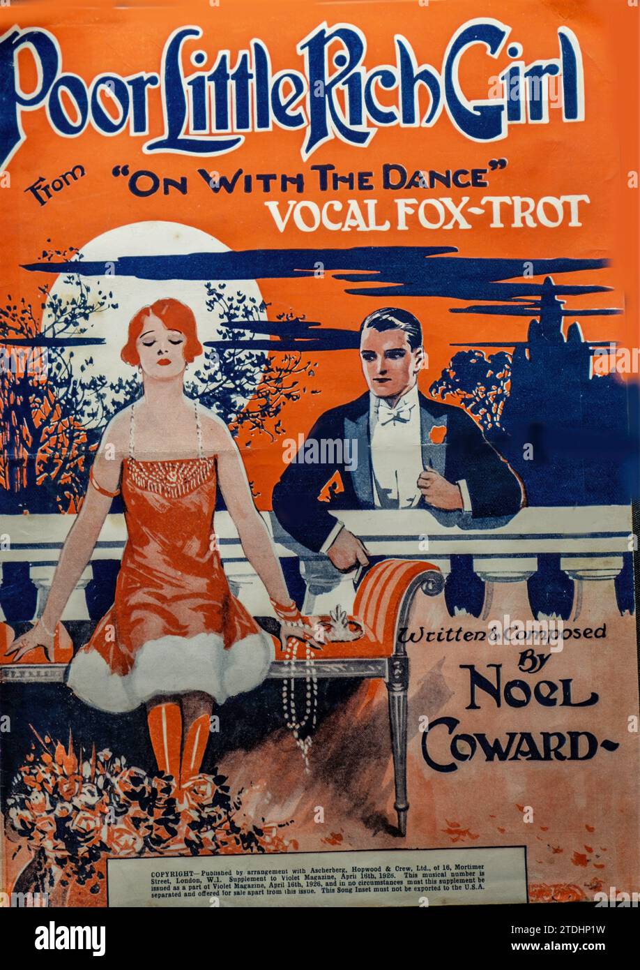 Copertina vintage anni '1920 per "Poor Little Rich Girl" From On with the Dance, voce Fox-Trot, scritta e composta da noel Coward. Foto Stock