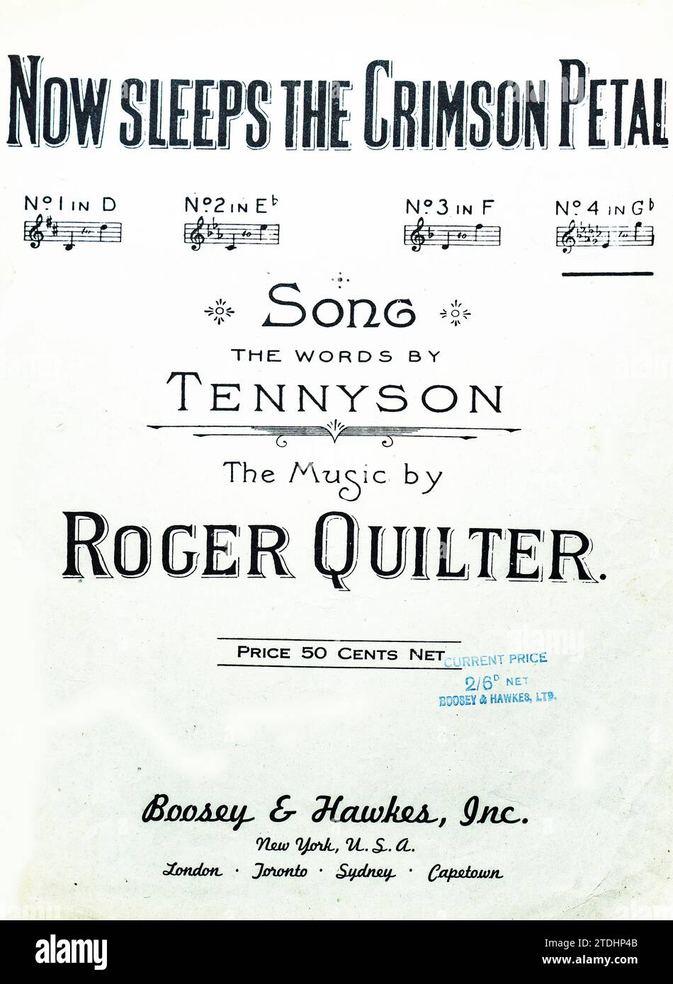 Spartiti vintage 1904 per "Now Sleeps the Crimson Petal", poesia originale di Tennyson e musica di Roger Quilter. Foto Stock