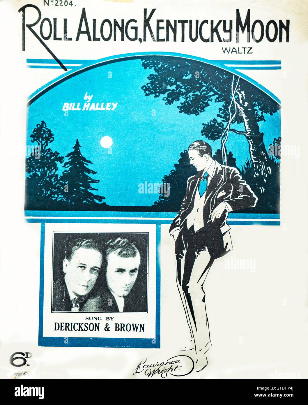 Cover of Roll Along, Kentucky Moon, un valzer composto da Bill Halley e pubblicato dalla Lawrence Wright Music Company, Londra, Price Six pence NET. Il disegno illustrato mostra un uomo appoggiato su un albero sotto un cielo illuminato dalla luna, evocando immagini romantiche del Sud. Il ritratto di Inset presenta Derickson & Brown, che ha eseguito la canzone. Questo spartito, pubblicato negli anni '1930, riflette la cultura popolare transatlantica e la moda per le canzoni a tema americano nell'editoria musicale britannica. Foto Stock