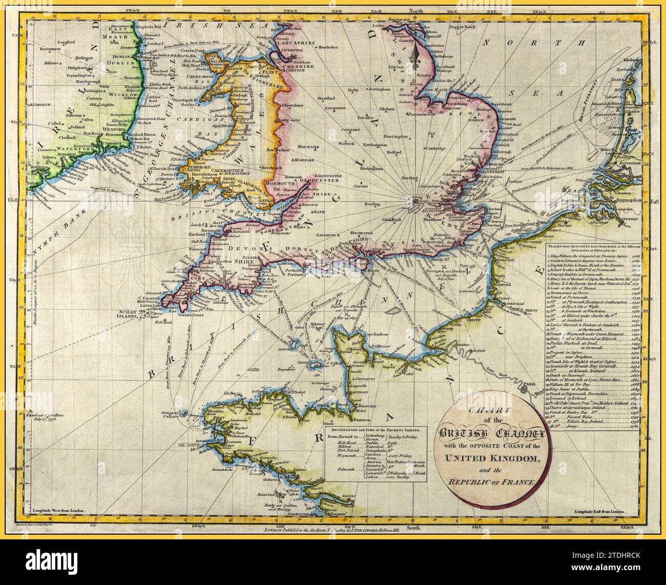 Antica mappa a colori vintage degli anni '1800 della Manica britannica con la costa del Regno Unito e della Repubblica di Francia di John Russell. Mostra una tabella delle diverse invasioni dell'Inghilterra dal 1066 al 1781 Foto Stock