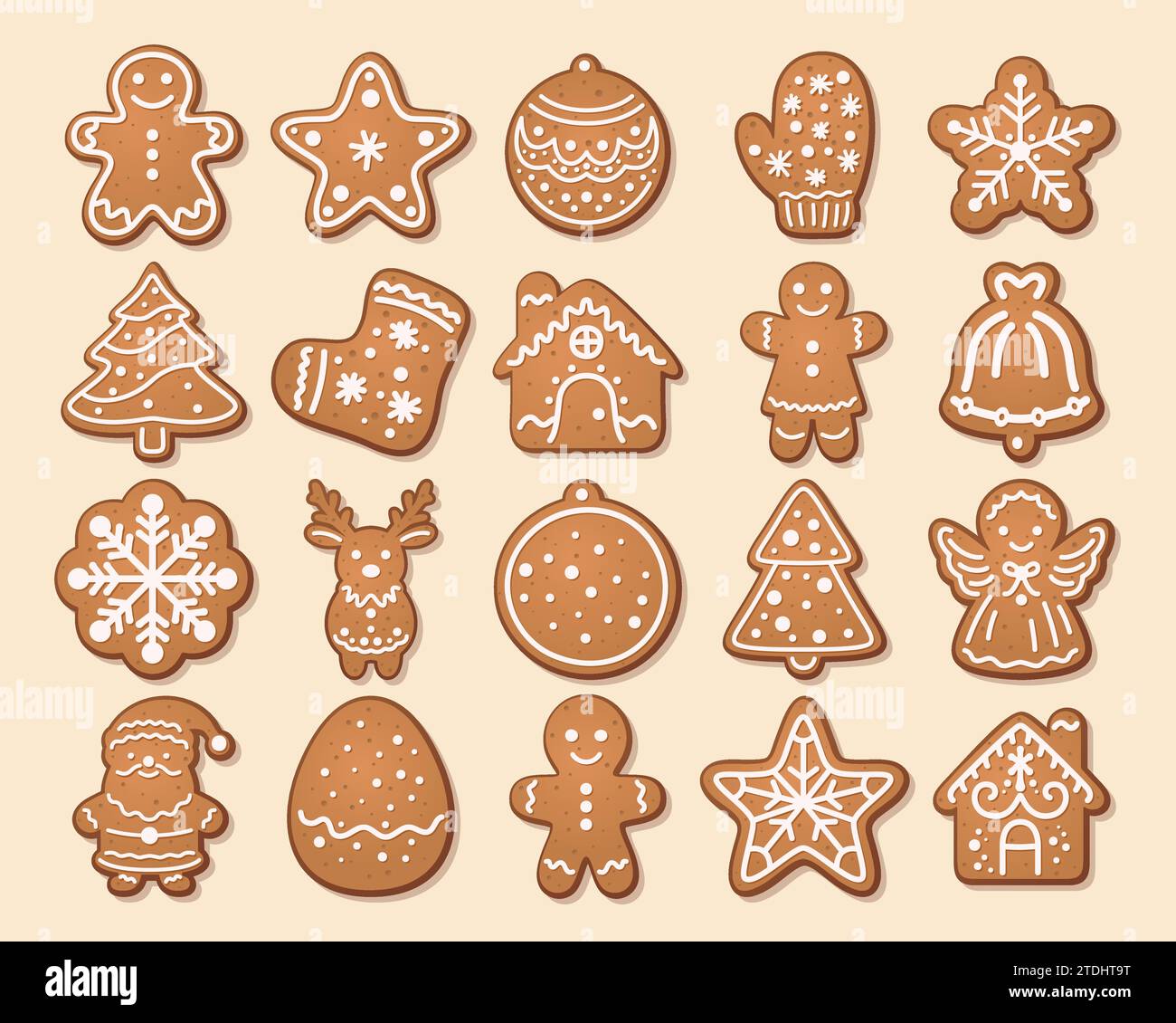 Set Flat Vector Gingerbread. Icone di Natale. Modello di progettazione Gingerbread, simbolo invernale festività. Biscotti di Capodanno, dolci. Vettore Illustrazione Vettoriale
