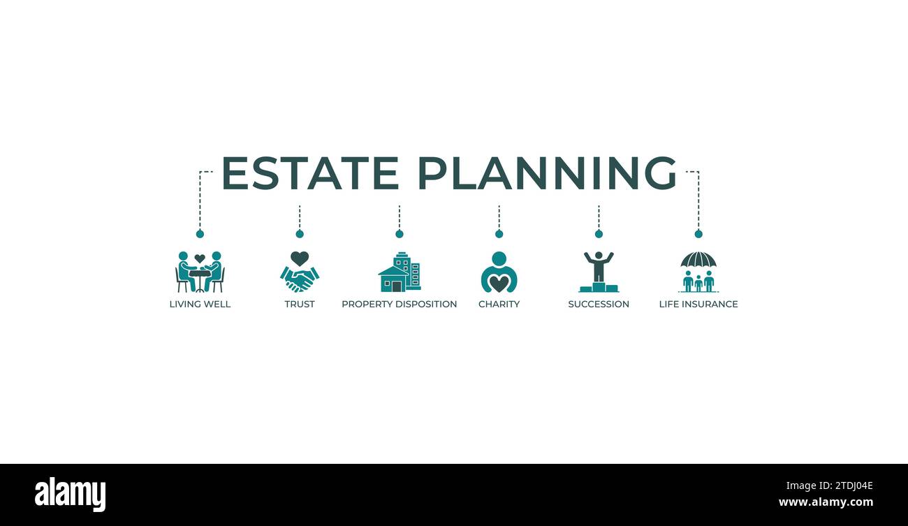 Banner di pianificazione immobiliare icona del sito Web concetto di illustrazione vettoriale con icona di vivere bene, fiducia, disposizione di proprietà, beneficenza, successione. Illustrazione Vettoriale