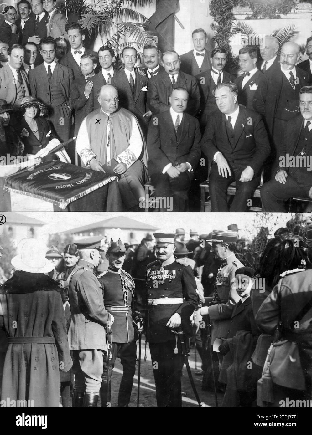 10/31/1923. Roma. Cerimonie e festival patriottici. 1) Monsignor Quadrini (X), canonico di San Giovanni in Laterano, decorato più volte durante la guerra, dopo aver benedetto una bandiera fascista, 2. Gli Attachés militari stranieri al partito commemorativo degli Eroi della grande Guerra. (Foto Porry Pastorel). Crediti: Album / Archivo ABC / Adolfo Porry Pastorel Foto Stock