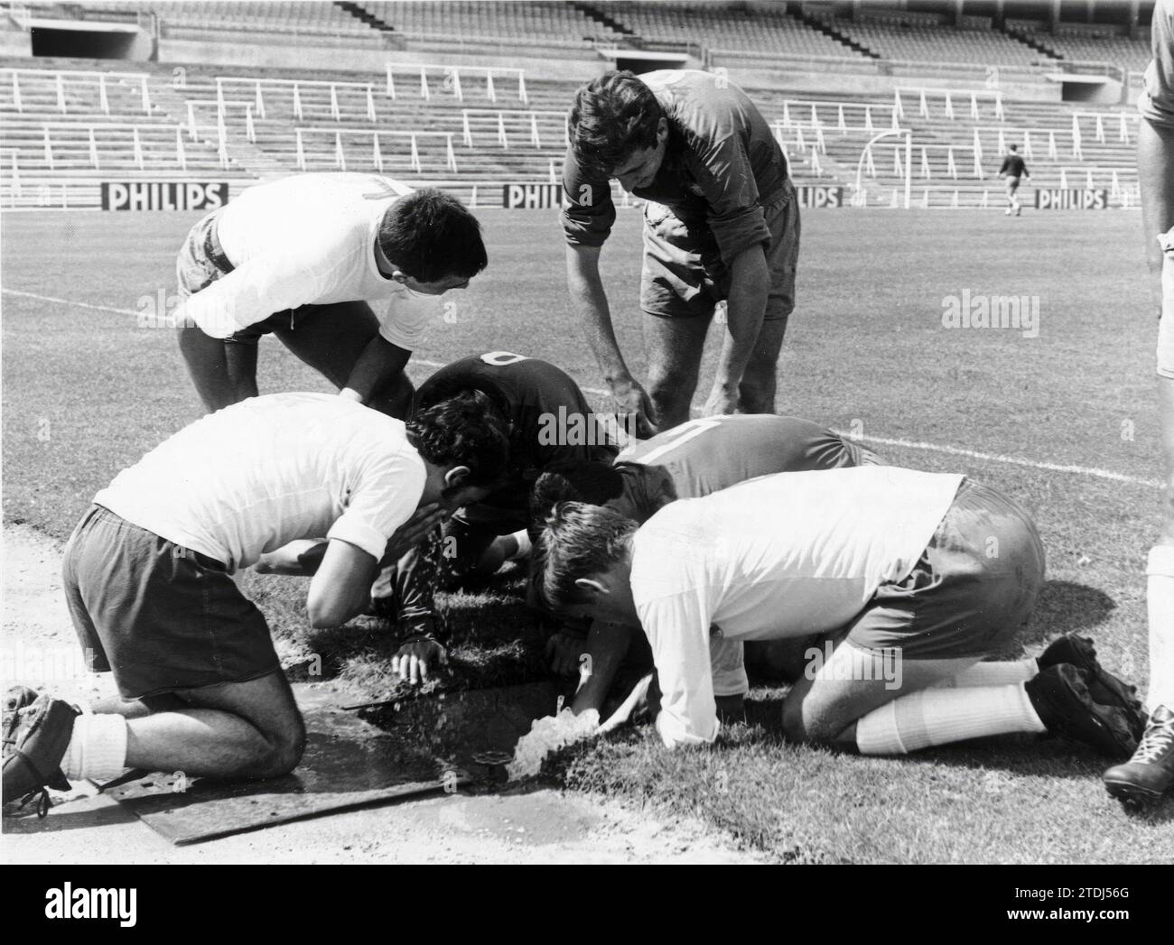 Madrid. 14/08/1968. Allo stadio Santiago Bernabéu, i giocatori del Real Madrid dissetano dopo essersi allenati nell'estate di Madrid, con un idrante sul campo. Crediti: Album / Archivo ABC Foto Stock