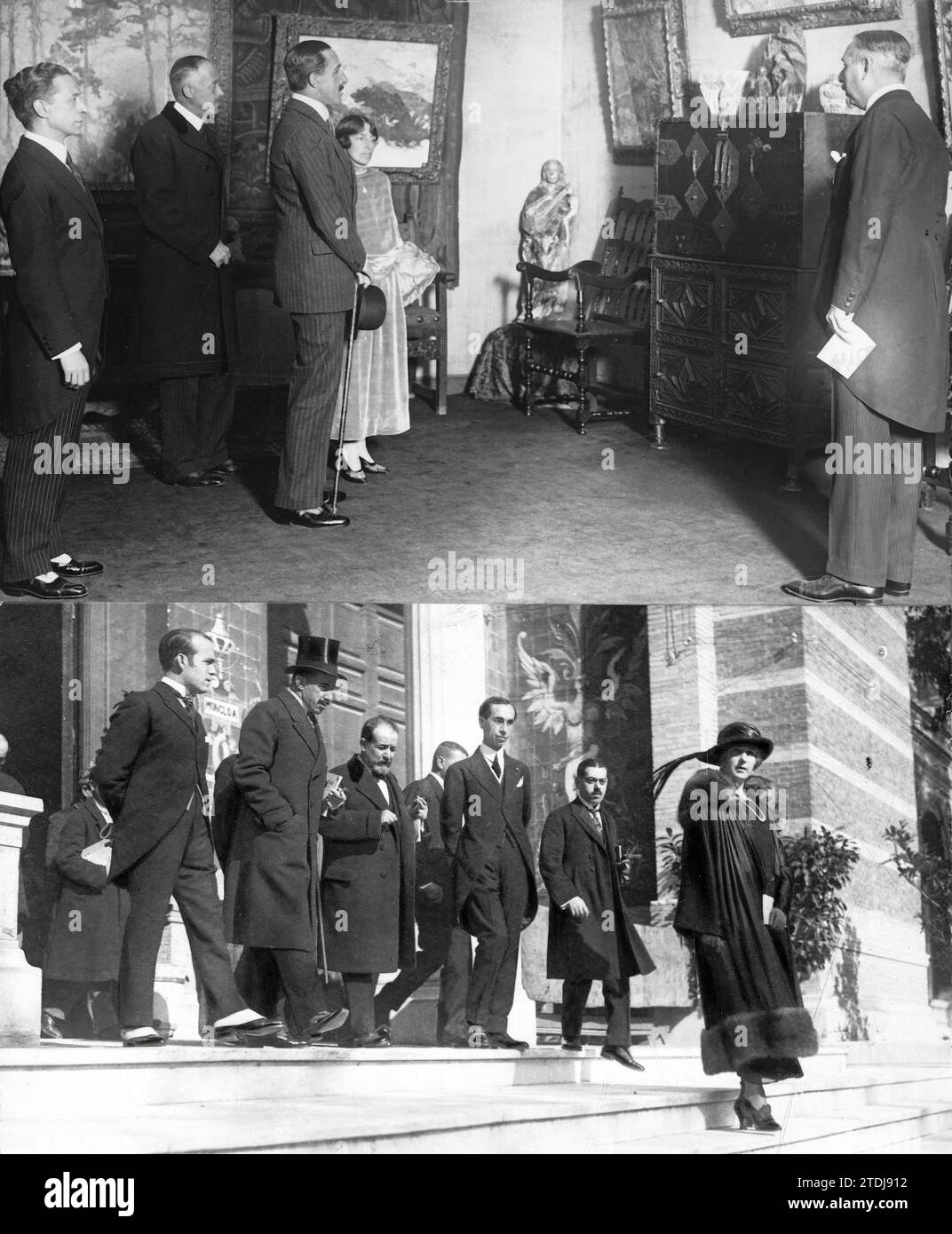 11/06/1922. I Re e le Belle Arti. 1. Alfonso XIII, (X) in visita alla mostra di dipinti di Pons Arnau. 2. SS. Mm. (X) quando lasci la tua visita al salone d'autunno. Crediti: Album / Archivo ABC / Julio Duque Foto Stock