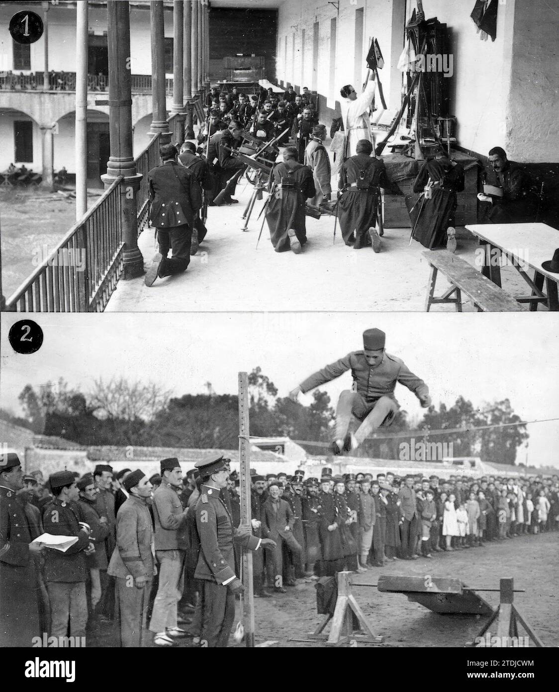 12/07/1918. Madrid. Festa del Purisima. 1. Massa della campagna del reggimento Covadonga presso la caserma di Montaña. 2) esercizi di ginnastica da parte dei soldati di Wad-Ras. Crediti: Album / Archivo ABC / Ramón Alba Foto Stock