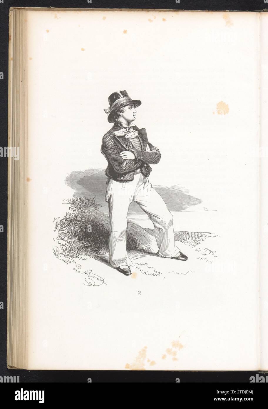 De Kwekeling per il trasporto marittimo, 1840-1841, 1841 il Kwekeling per il trasporto marittimo. Uno studente della scuola nautica. Ragazzo in piedi sul lungomare. Numero: 35. Illustrazione nel libro "Paesi Bassi: Schizzi di personaggi, vestiti, atteggiamento e prevenzione di posizioni diverse", un libro con schizzi di personaggi, professioni e costumi tradizionali di assegnazioni olandesi del 1841. Tipografia: Netherlandsafter disegno di: Netherlandspublisher: The Hague paper letterpress Printing Netherlands the Kwekeling for Sea shipping. Uno studente della scuola nautica. Ragazzo in piedi sul lungomare. Intorpidimento Foto Stock