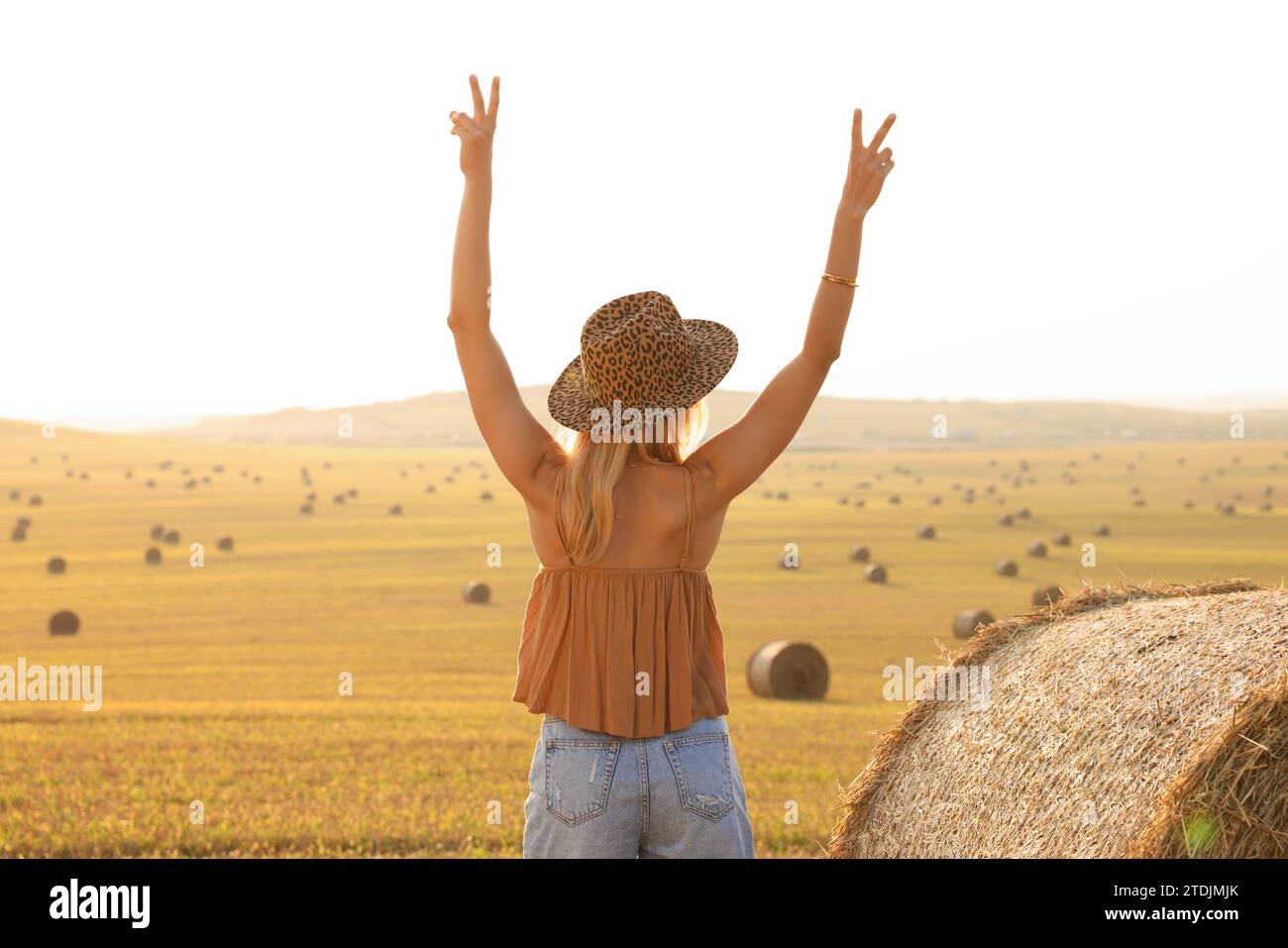 Donna hippie che mostra segni di pace sul campo, vista posteriore Foto Stock