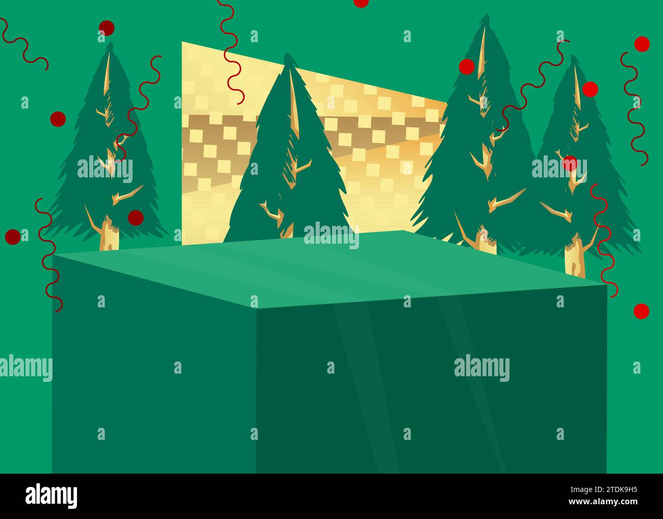 Esposizione di prodotti mockup con Christmas Pine Tree. Podio a piedistallo cilindrico Vector Holiday. Scendi una vetrina per la presentazione. Forme geometriche minime. Illustrazione Vettoriale