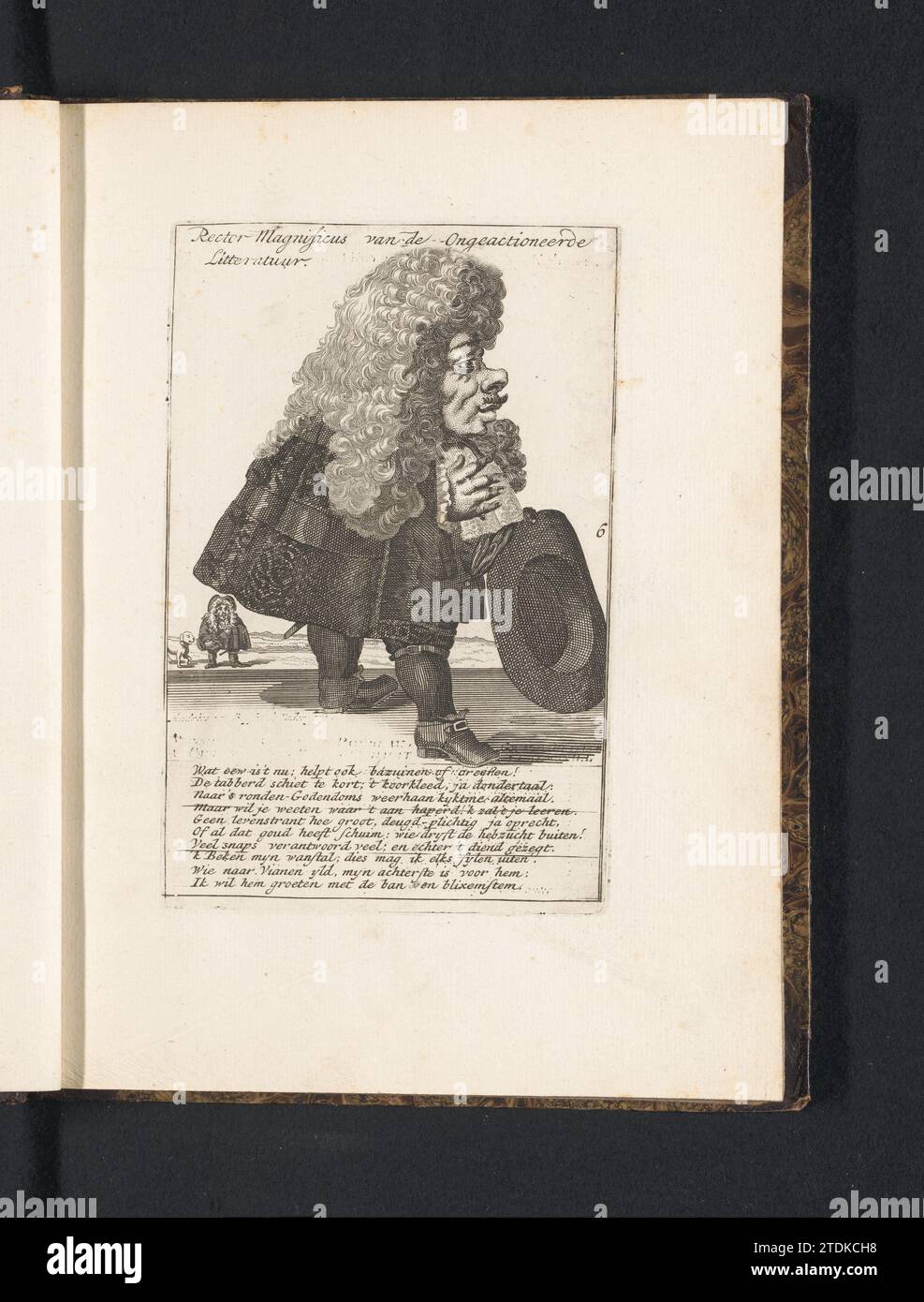 Nano con una parrucca grande, il cappello in mano, 1720, Andries van Buysen (Sr.), 1718 - 1720 Un nano con una parrucca grande, il cappello in mano. Nella didascalia un verso in olandese. Numerato a destra al centro: 6. Parte della seconda edizione olandese del 1720 (e relativa al commercio eolico in quell'anno) di una serie di caricature con nani, note come toneel nano. Tipografia: Olanda settentrionale spublisher: Carta di Amsterdam che incide Un nano con una parrucca grande, il cappello in mano. Nella didascalia un verso in olandese. Numerato a destra al centro: 6. Parte della seconda edizione olandese del 1720 (e relativa a t Foto Stock