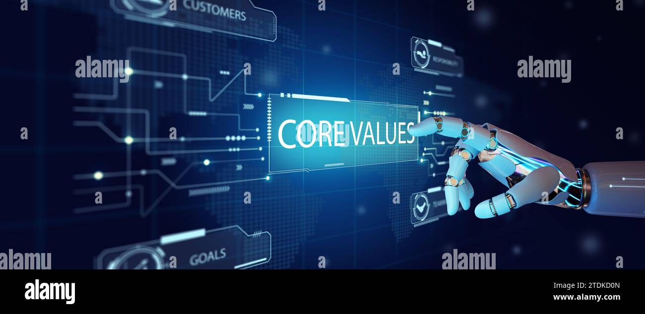 La mano del robot seleziona i valori principali sulla schermata virtuale. Valori fondamentali etica della responsabilità obiettivi azienda di innovazione con l'intelligenza artificiale. Internet. Foto Stock
