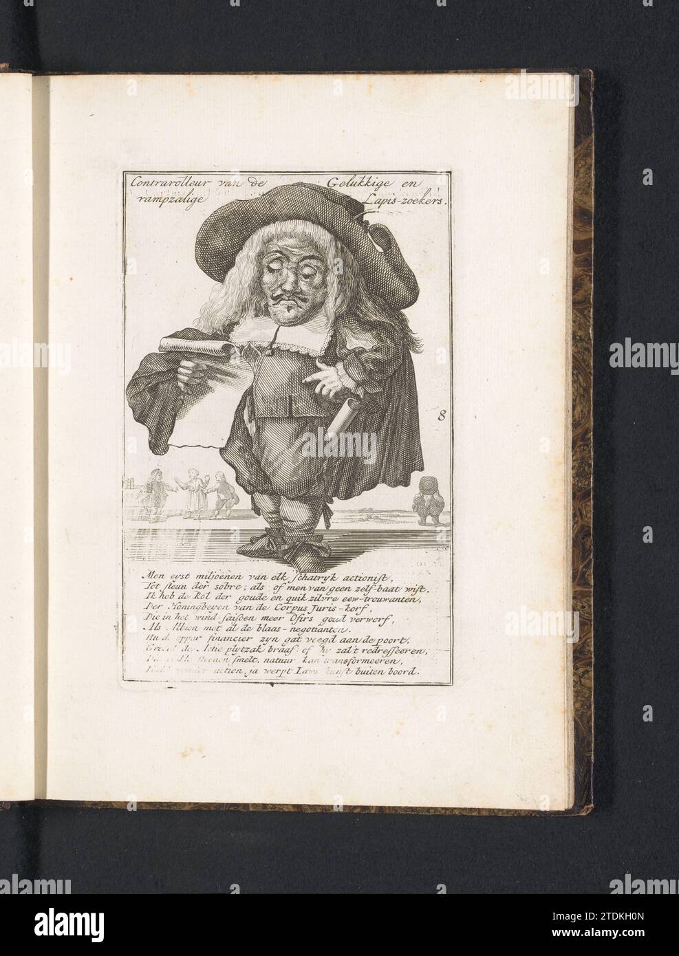 Nano con cappello che legge un rotolo di carta, 1720, Joost van Sassen, 1718 - 1720 Un nano con cappello che legge un rotolo di carta. Nella didascalia un verso in olandese. Numerato a destra al centro: 8. Parte della seconda edizione olandese legata dal 1720 (e relativa al commercio eolico in quell'anno) di una serie di caricature con nani, note come toneel nano. Tipografia: Olanda settentrionale spublisher: Carta di Amsterdam che incide Un nano con cappello che legge un rotolo di carta. Nella didascalia un verso in olandese. Numerato a destra al centro: 8. Parte della seconda edizione olandese legata dal 1720 (e relativa al commercio eolico Foto Stock