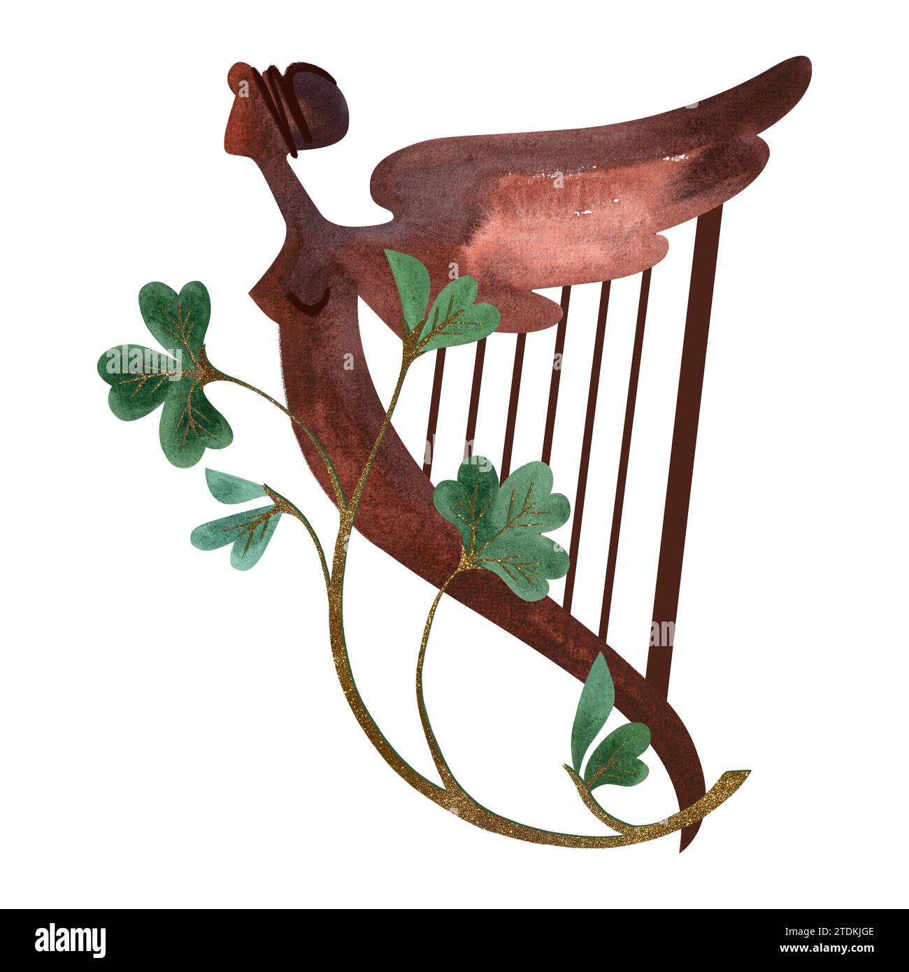 Un'arpa celtica in legno con una silhouette femminile intrappolata in un trifoglio shamrock. Simbolo dell'Irlanda. St.Patrick 's Day. Illustrazione ad acquerello isolata i Foto Stock