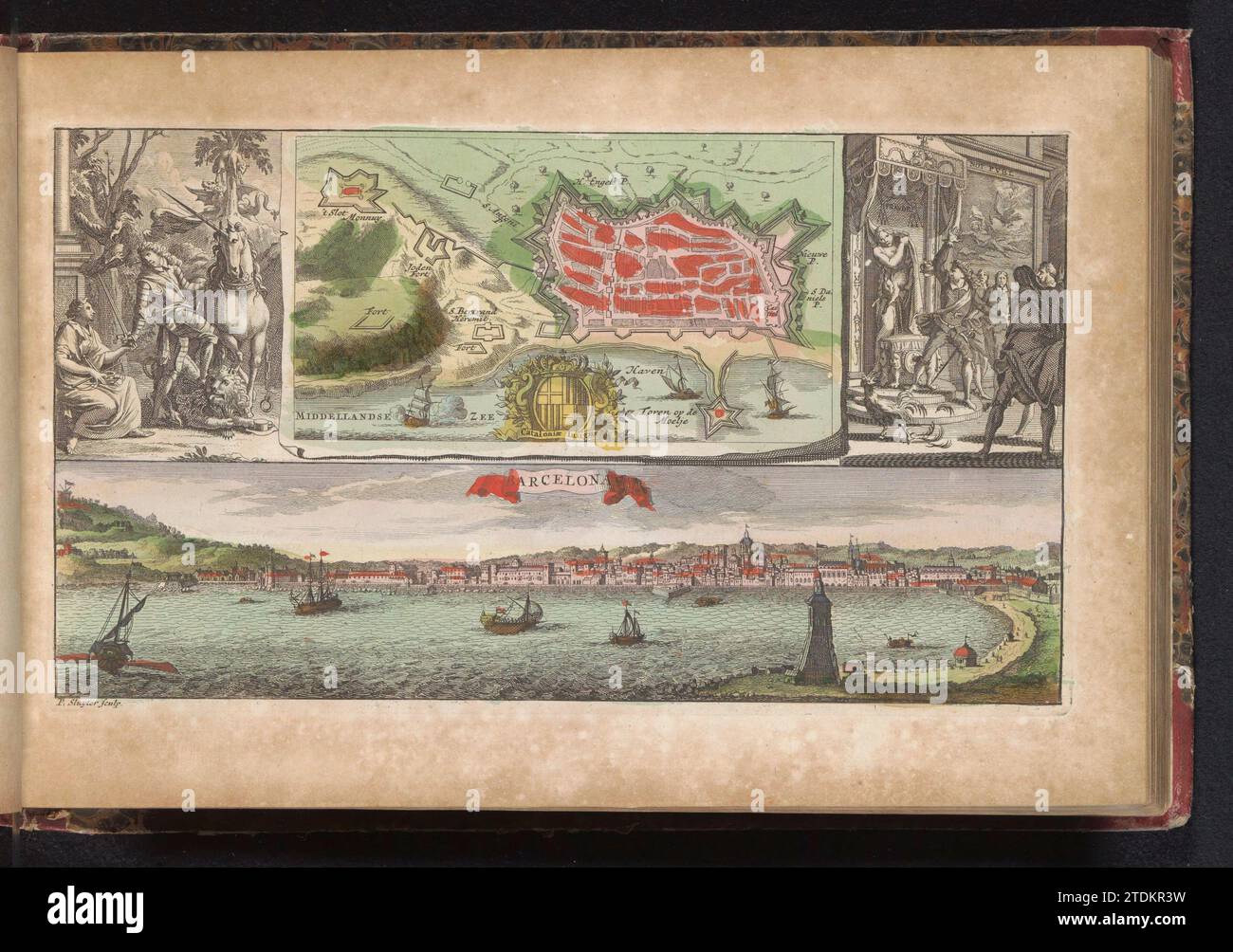 Rilievo di Barcellona, 1706, Zacharias Chatelain (II), 1735 Foglia con una mappa di e un volto a Barcellona, assediata dai francesi e dagli spagnoli ma sollevata dagli Alleati il 12 maggio 1706. A sinistra, la giustizia raggiunge la spada all'arciduca Karel d'Austria, a destra di Filippo V dal palazzo. Parte di un atlante con 223 mappe di paesi e città e scene di guerra in Europa nel periodo ca. 1690-1735. Tipografia: Olanda settentrionale spublisher: Incisione/incisione di carta di Amsterdam Foglia di Barcellona con una mappa di e un volto a Barcellona, assediata dai francesi e dagli spagnoli ma sollevata dagli Alleati il 12 maggio Foto Stock