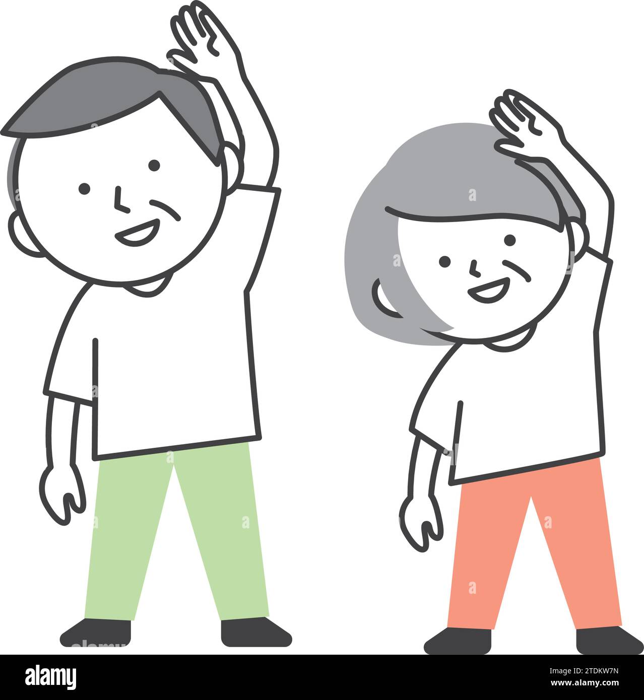 Coppia anziana che fa ginnastica con magliette. Una semplice e carina illustrazione per anziani in stile cartone animato. Illustrazione Vettoriale