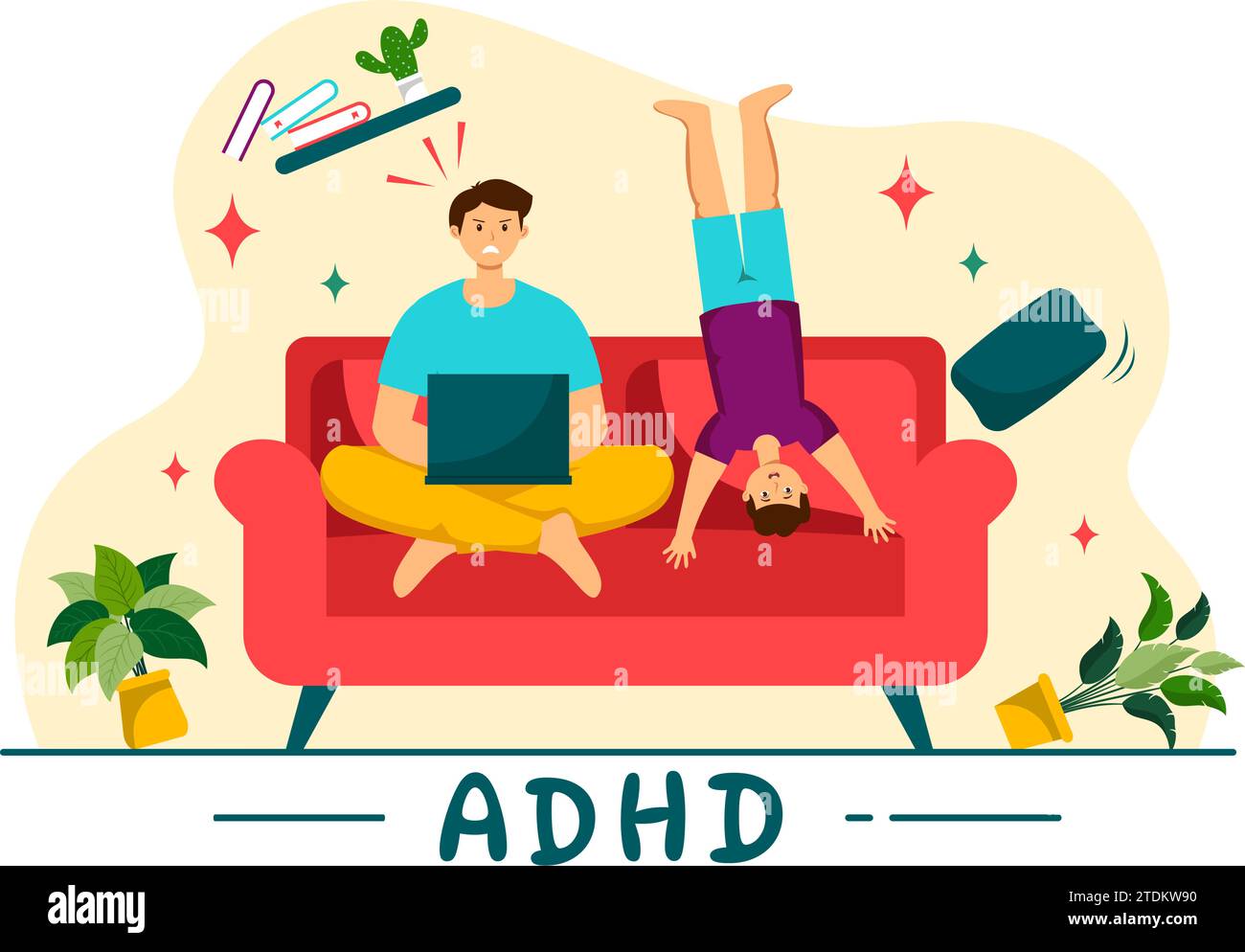 ADHD o disturbo da deficit di attenzione iperattività illustrazione vettoriale con bambini comportamento impulsivo e iperattivo nella salute mentale e psicologia Illustrazione Vettoriale