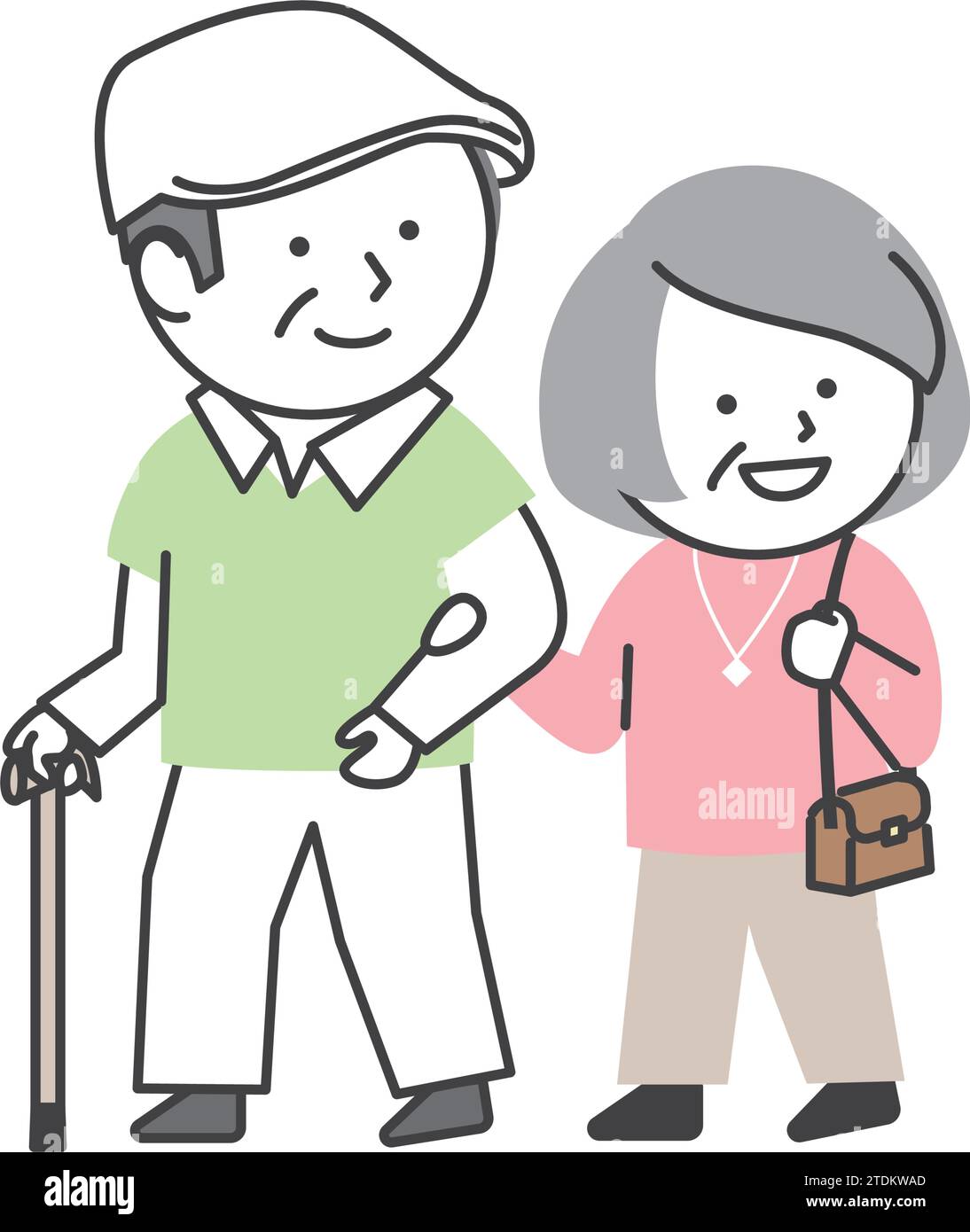 Sorridente coppia anziana che cammina braccio in braccio. Una semplice e carina illustrazione per anziani in stile cartone animato. Illustrazione Vettoriale