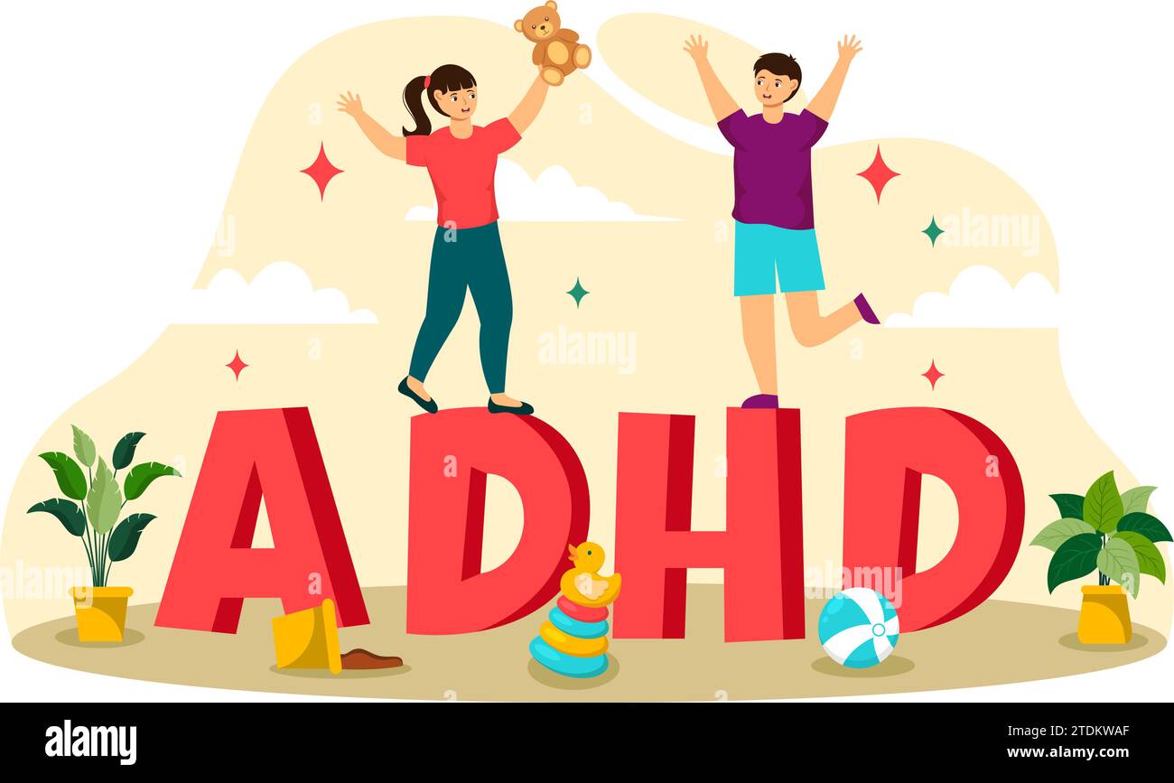 ADHD o disturbo da deficit di attenzione iperattività illustrazione vettoriale con bambini comportamento impulsivo e iperattivo nella salute mentale e psicologia Illustrazione Vettoriale