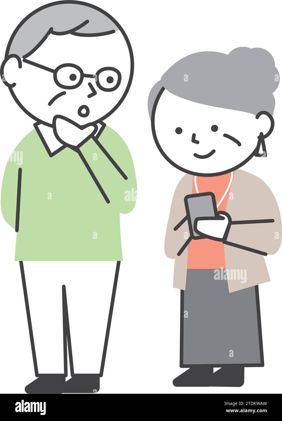 Coppia senior che fa ricerche sullo smartphone. Una semplice e carina illustrazione per anziani in stile cartone animato. Illustrazione Vettoriale