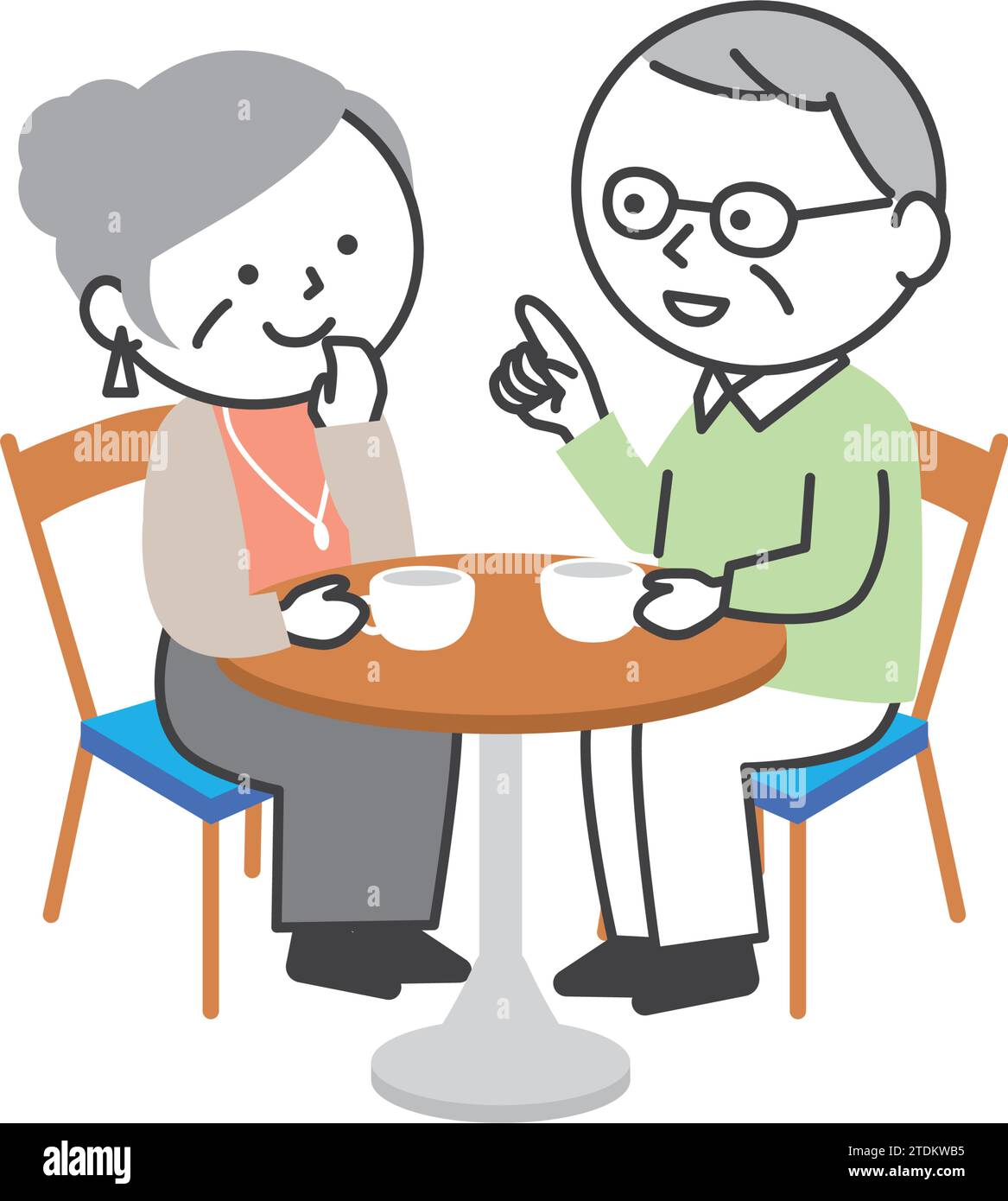 Coppia anziana che beve tè in un caffè. Una semplice e carina illustrazione per anziani in stile cartone animato. Illustrazione Vettoriale