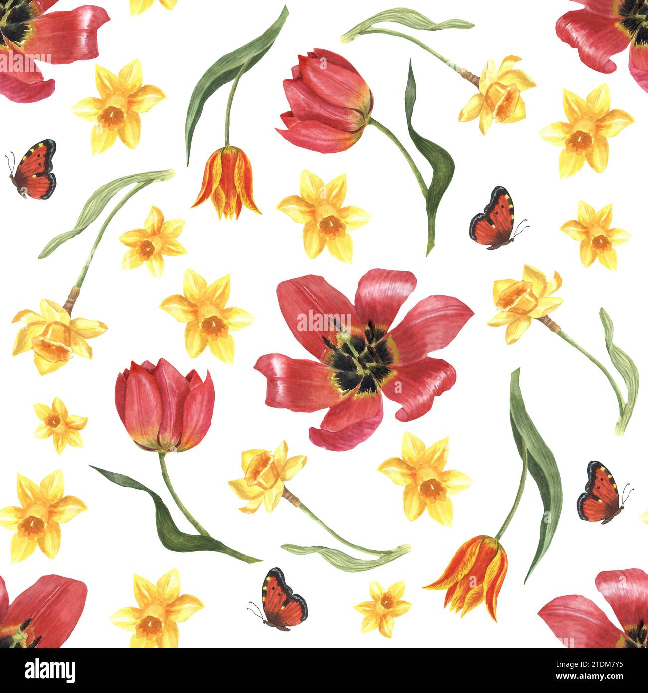 Motivo senza cuciture con fiori primaverili. Illustrazione ad acquerello su sfondo bianco per la stampa su carta o tessuto Foto Stock