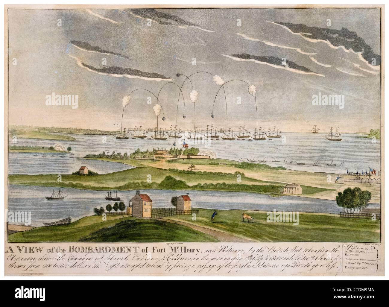 The Bombardment of Fort McHenry, 13 settembre 1814, stampa acquatinta di John Bower, 1814-1820 Foto Stock