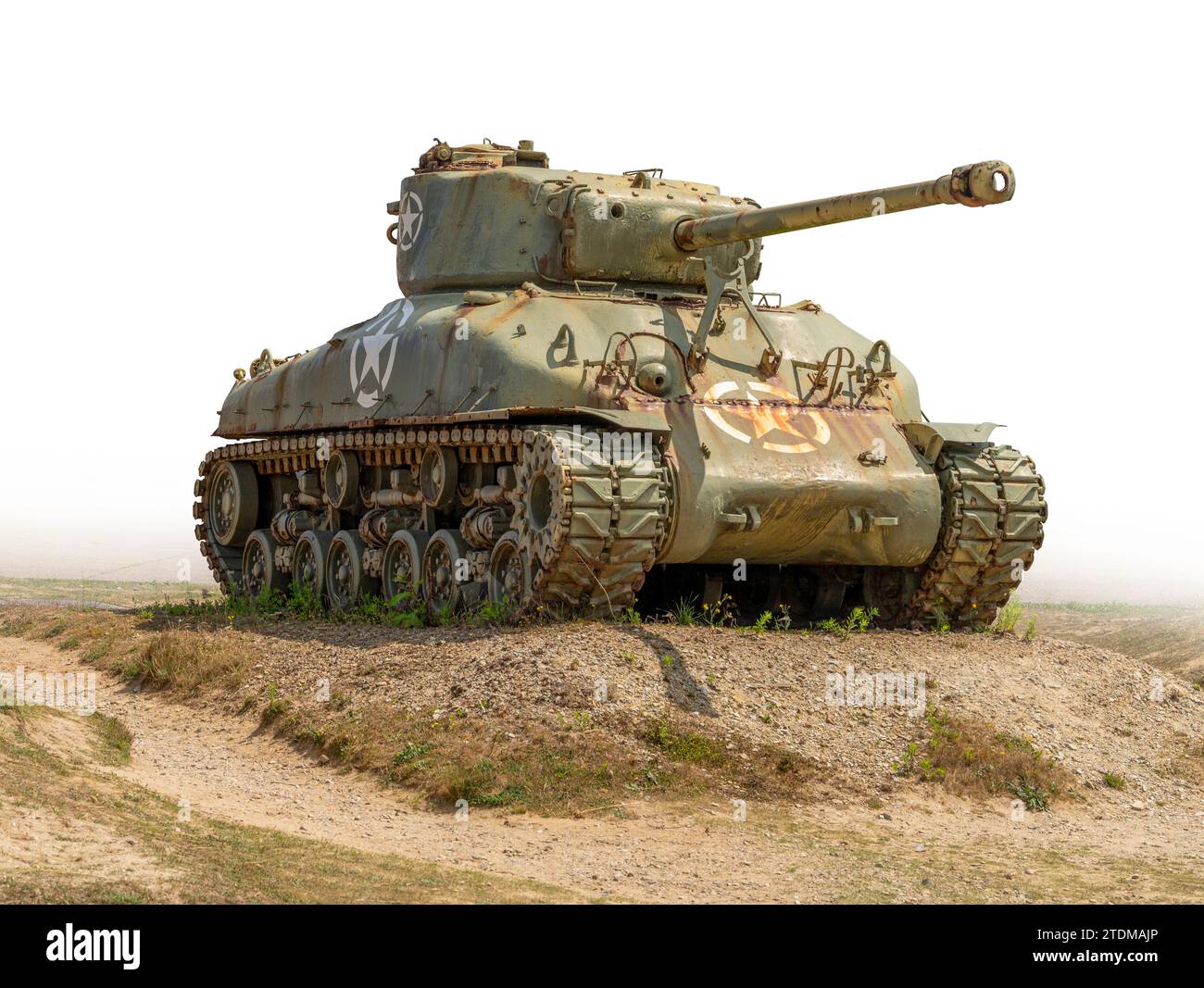 Carro armato storico a Utah Beach, una delle cinque zone dell'invasione alleata della Francia occupata dai tedeschi negli sbarchi in Normandia il 6 giugno 1944, Foto Stock