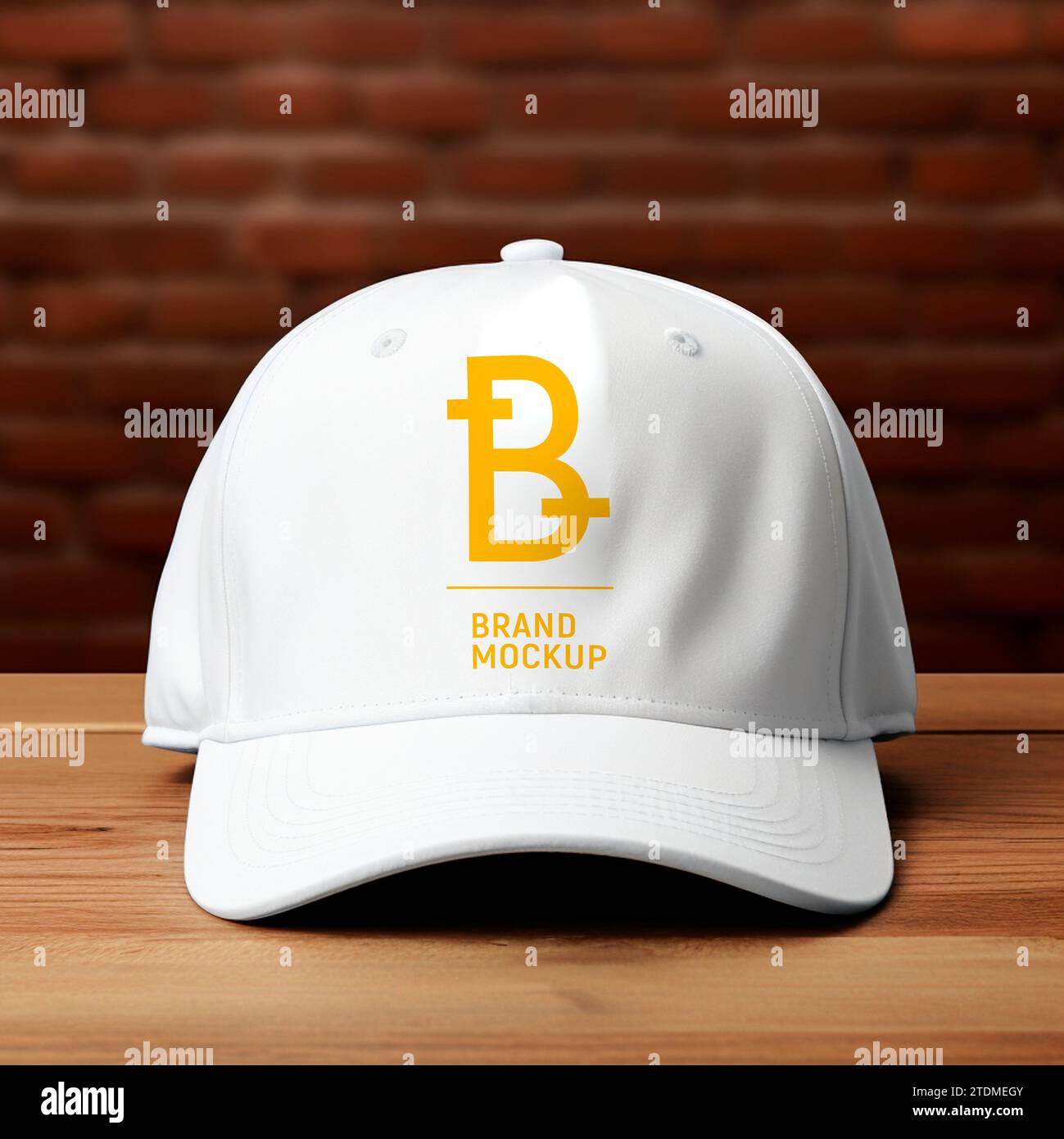 Mockup di berretto bianco sul tavolo all'interno. Vista frontale dell'indirizzo del logo. Formato PSD. Per negozi, affari, fatti a mano Foto Stock