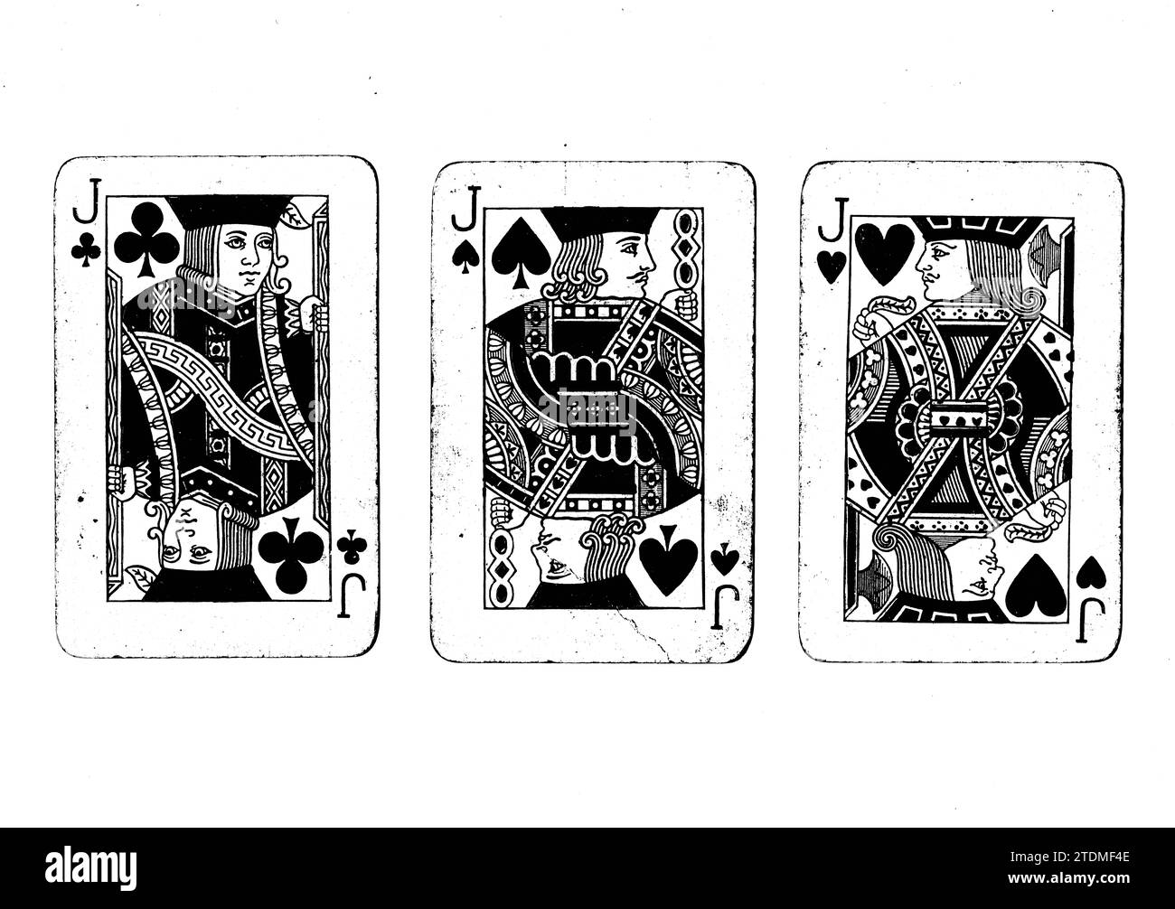 Carte da gioco vintage in bianco e nero con tre jack isolati su sfondo bianco. Foto Stock