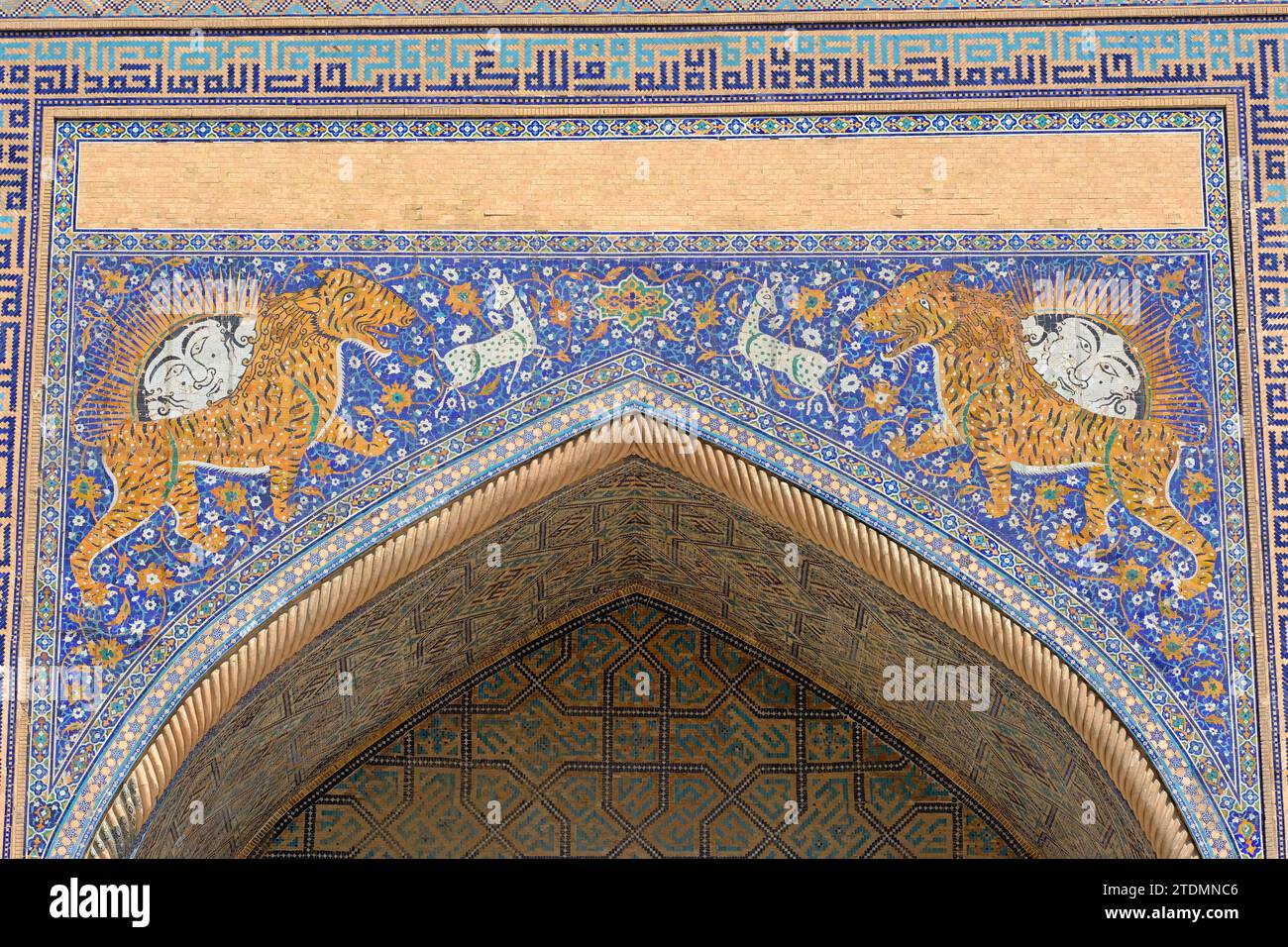Dettaglio del mosaico della tigre sulla Madrasa Sher Dor al Registan a Samarcanda in Uzbekistan nell'agosto 2022 Foto Stock