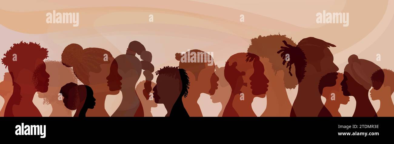 Profilo silhouette persone africane e afroamericane. Uomini e donne di gruppo etnico con pelle nera. Evento del mese della cronologia nera. Uguaglianza razziale. Uguale Illustrazione Vettoriale