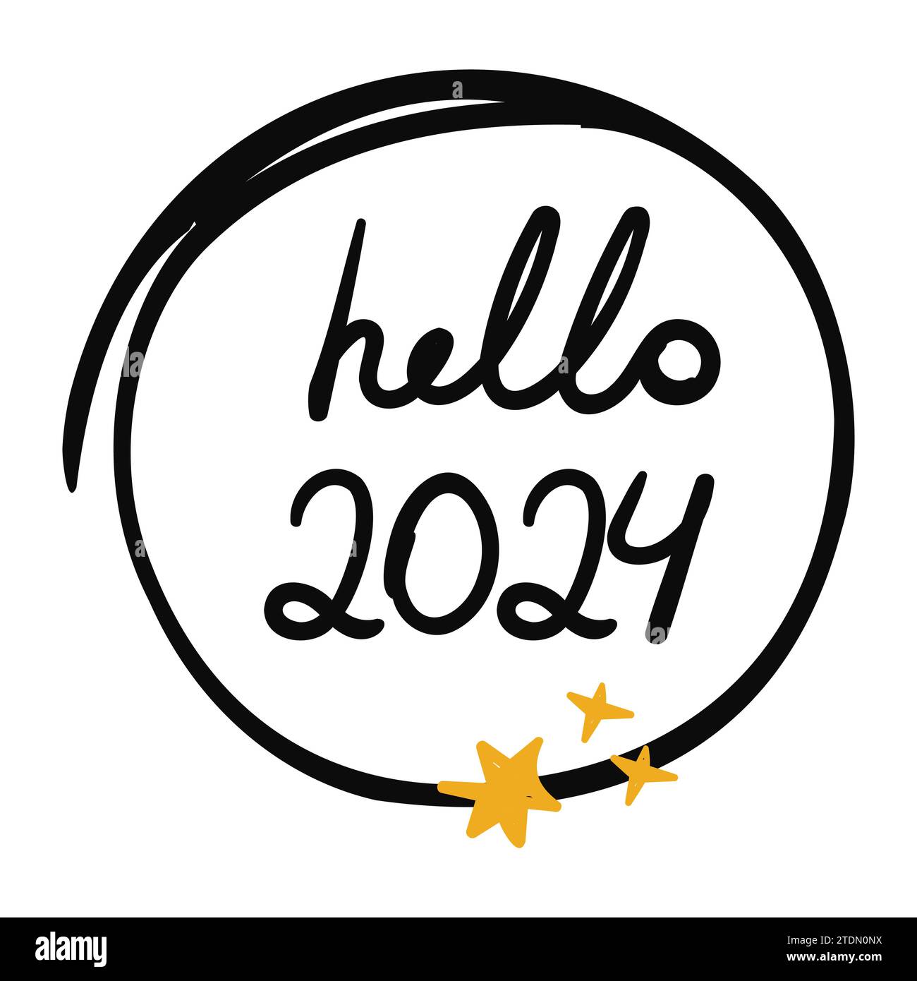 Hello 2024 illustrazione vettoriale con lettere disegnate a mano Illustrazione Vettoriale