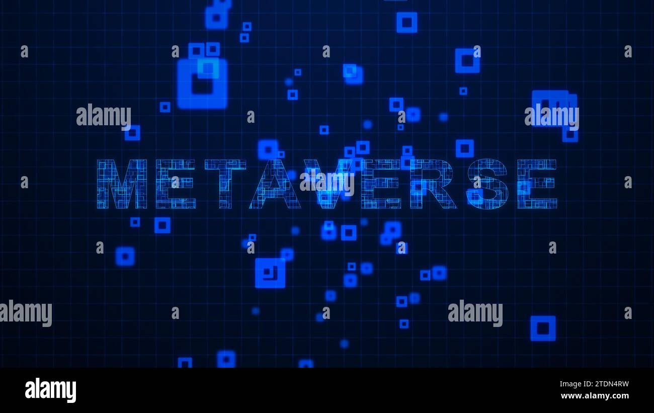 Testo metaverso animazione linee di circuito su sfondo griglia Foto Stock