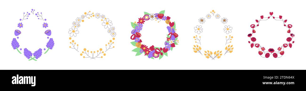 Set di ghirlande floreali naive doodle Flowers illustrazione vettoriale Illustrazione Vettoriale