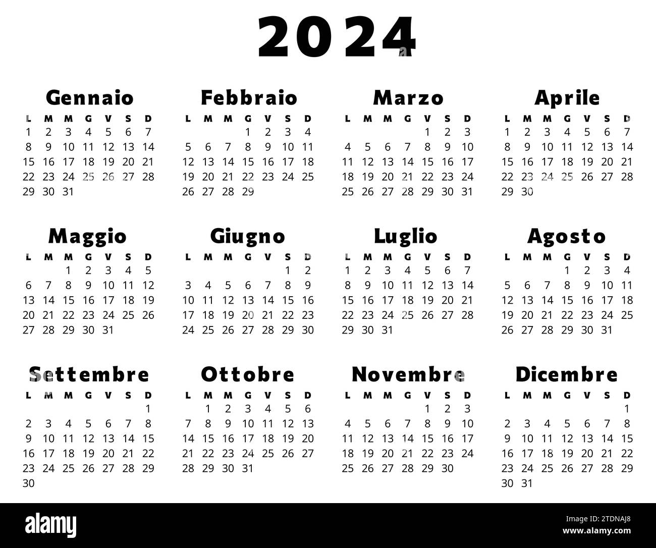 Calendario ITALIANO per il 2024 in nero. Illustrazione vettoriale